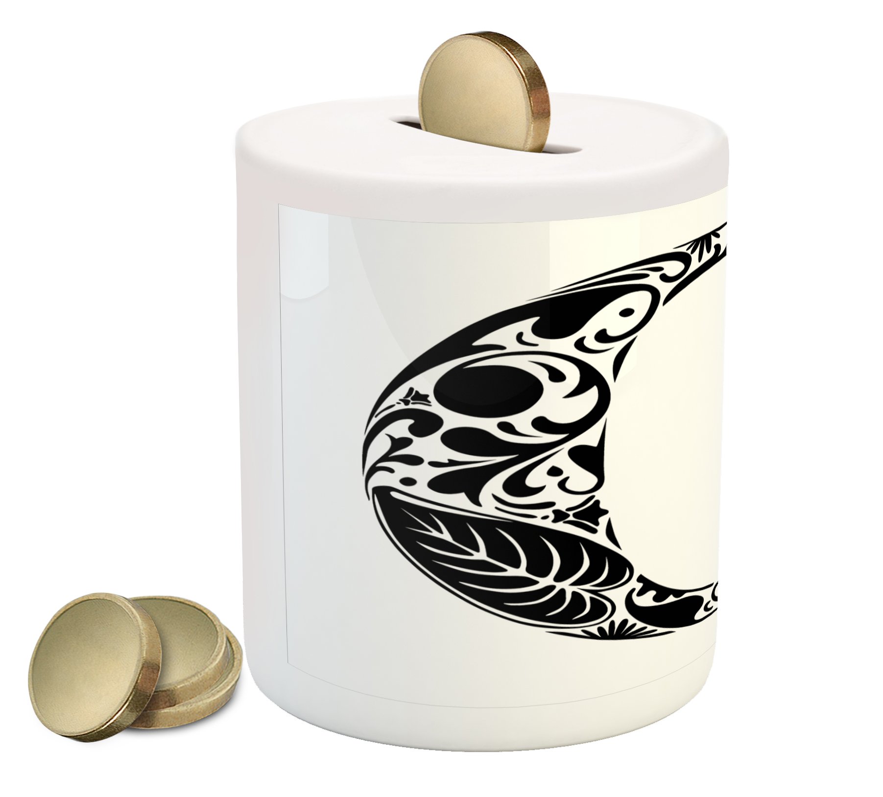Ambesonne Ceramic Piggy Bank - Monochrome Letter O Design with Classic Leaf & Floral Motifs, Money Saving Coin Bank for Kids & Adults (Black & White) | Perfect for Birthday Gifts, Home Decor & Financial Literacy Education