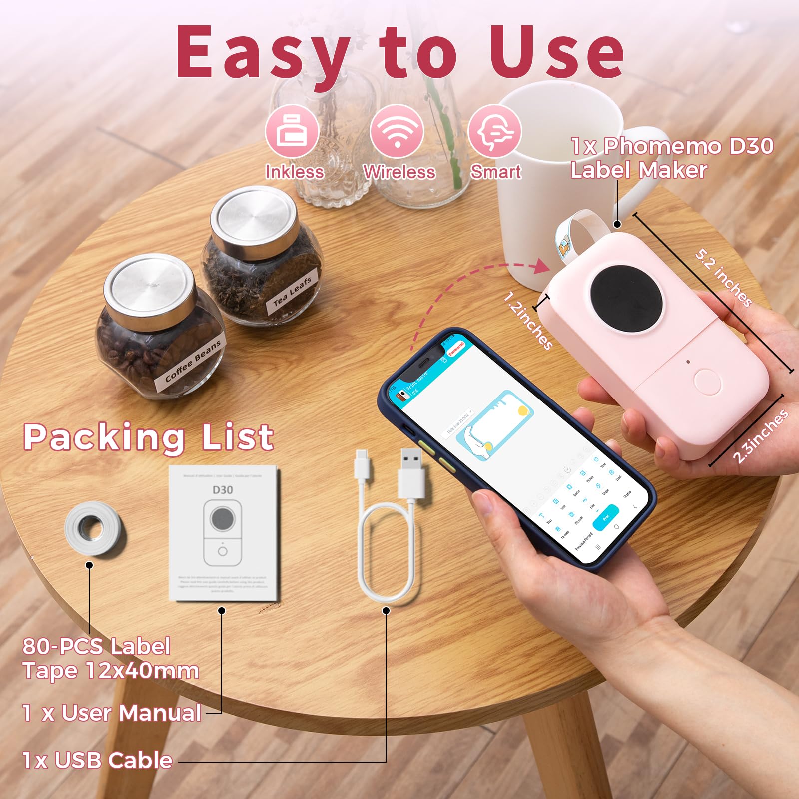 Phomemo D30 Portable Bluetooth Label Printer - Wireless Handheld Label Maker Machine with Multiple Templates, USB Rechargeable, Easy to Use for Office & Home Organization (Ideal for Pantry, Storage, File & Gift Labeling)