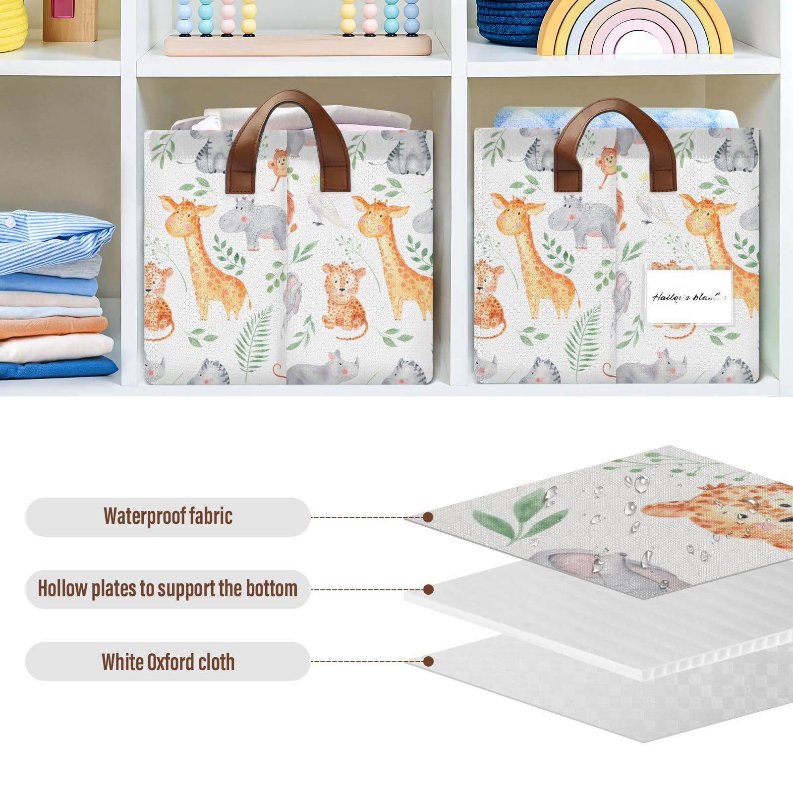 Waterproof Collapsible Baby Storage Baskets with Animal Patterns & Handles - 2 Pack Nursery Organizer for Kids Books, Toys, Clothes & Laundry | Perfect for Nursery, Playroom & Closet Organization