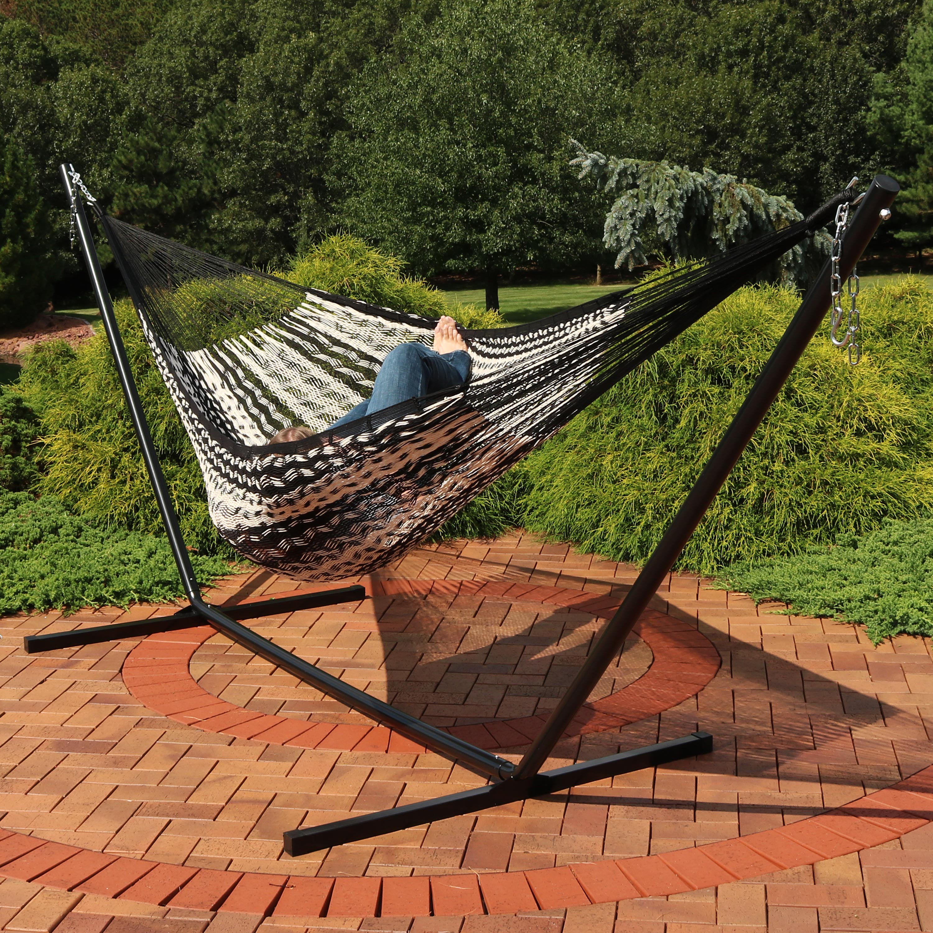 Premium XXL Handwoven Mayan Hammock with 15ft Stand - Extra Thick Cotton Rope for Maximum Comfort - Perfect for Backyard, Patio, Poolside & Outdoor Relaxation