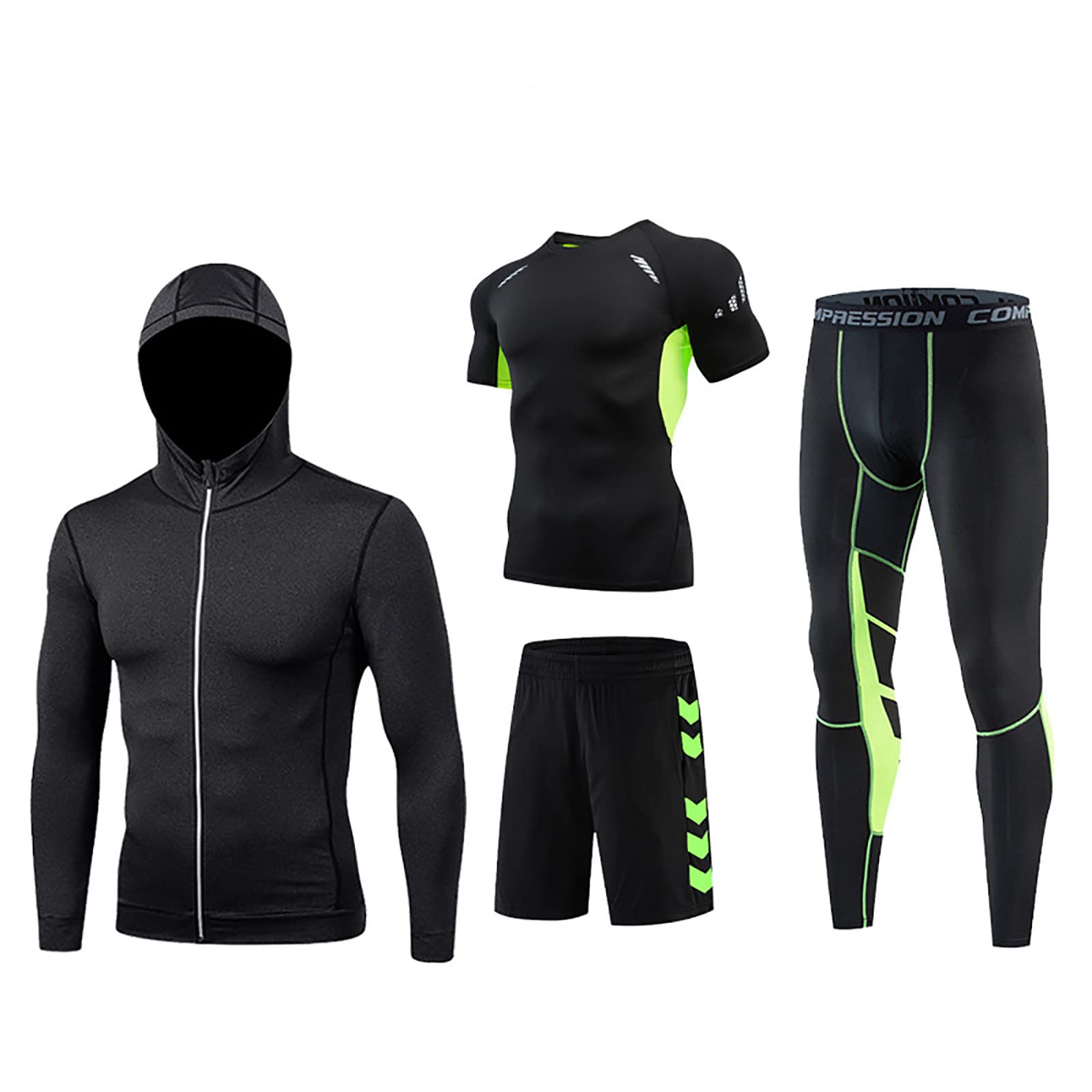 VPQILH Men's 3-Piece Workout Set - Quick Dry Compression Running Shirt, Gym Leggings & Fitness Shorts - Elastic Jogging Suit for Training, Yoga, Gym & Sports Activities
