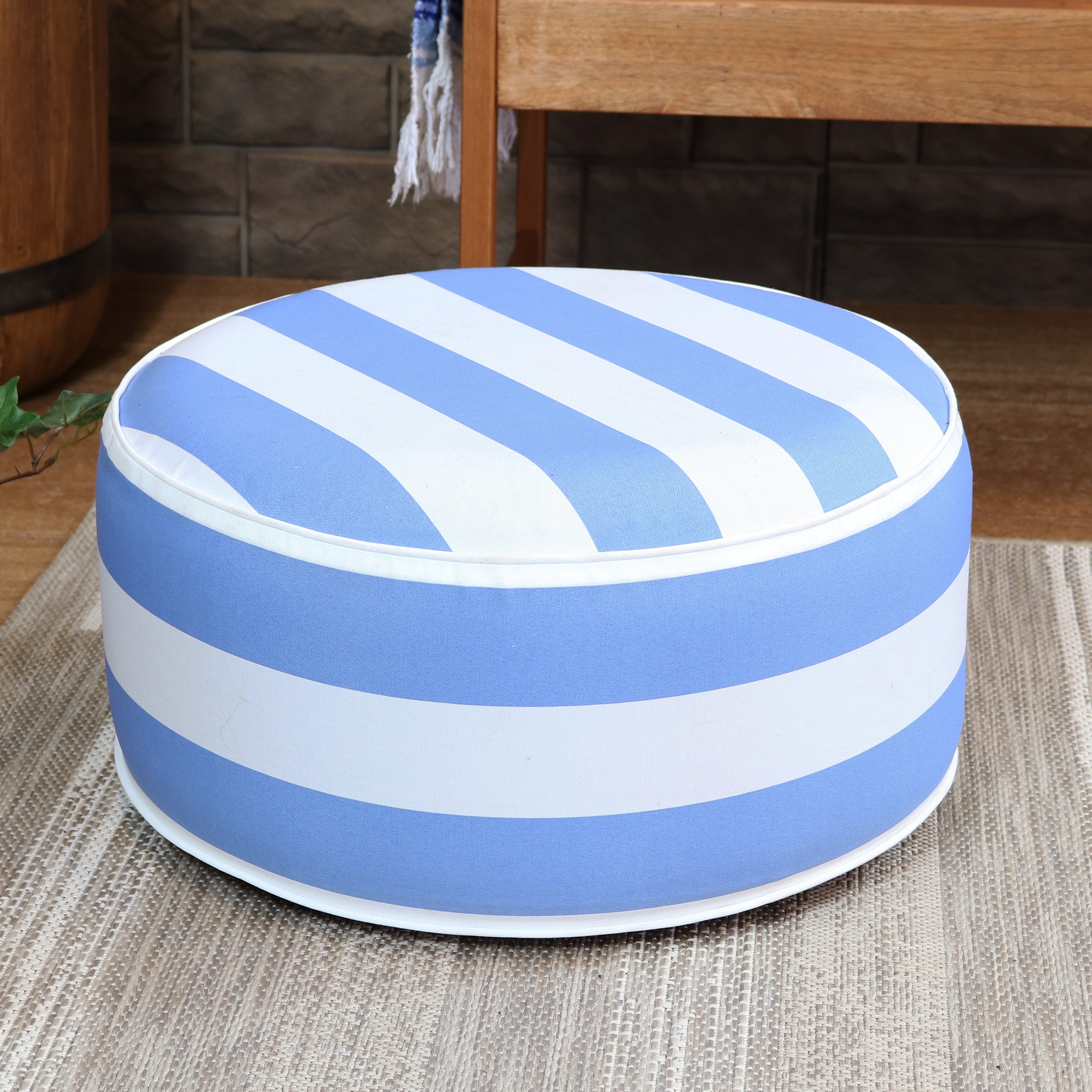Sunnydaze All-Weather Inflatable Outdoor Ottoman with Beachbound Stripe - Perfect for Patio, Poolside, Beach & Backyard Relaxation