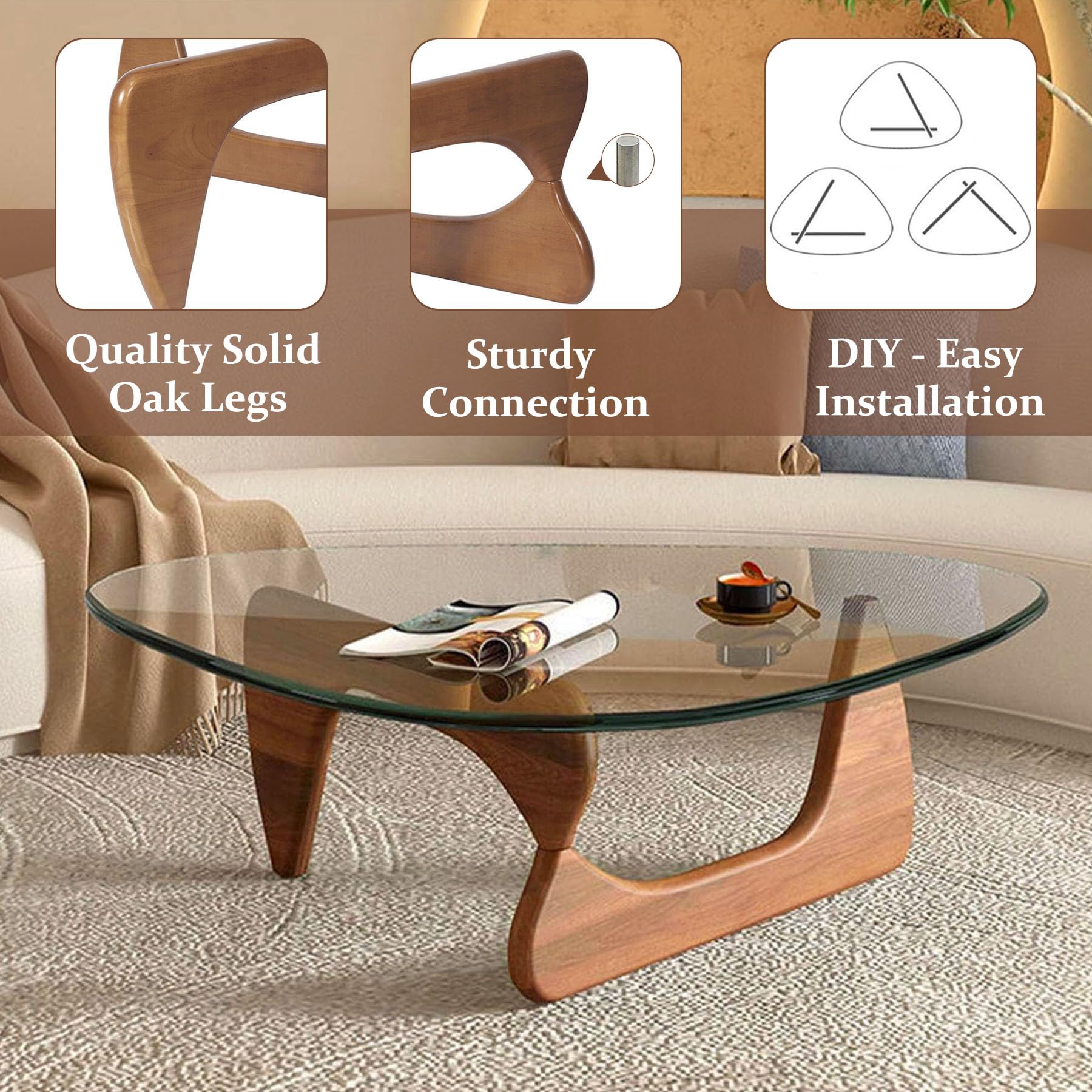 Modern Triangle Glass Coffee Table with Wooden Base - Mid-Century Abstract End Table for Living Room, Study, Office, Hotel & Balcony - Walnut & Transparent Design (32.2
