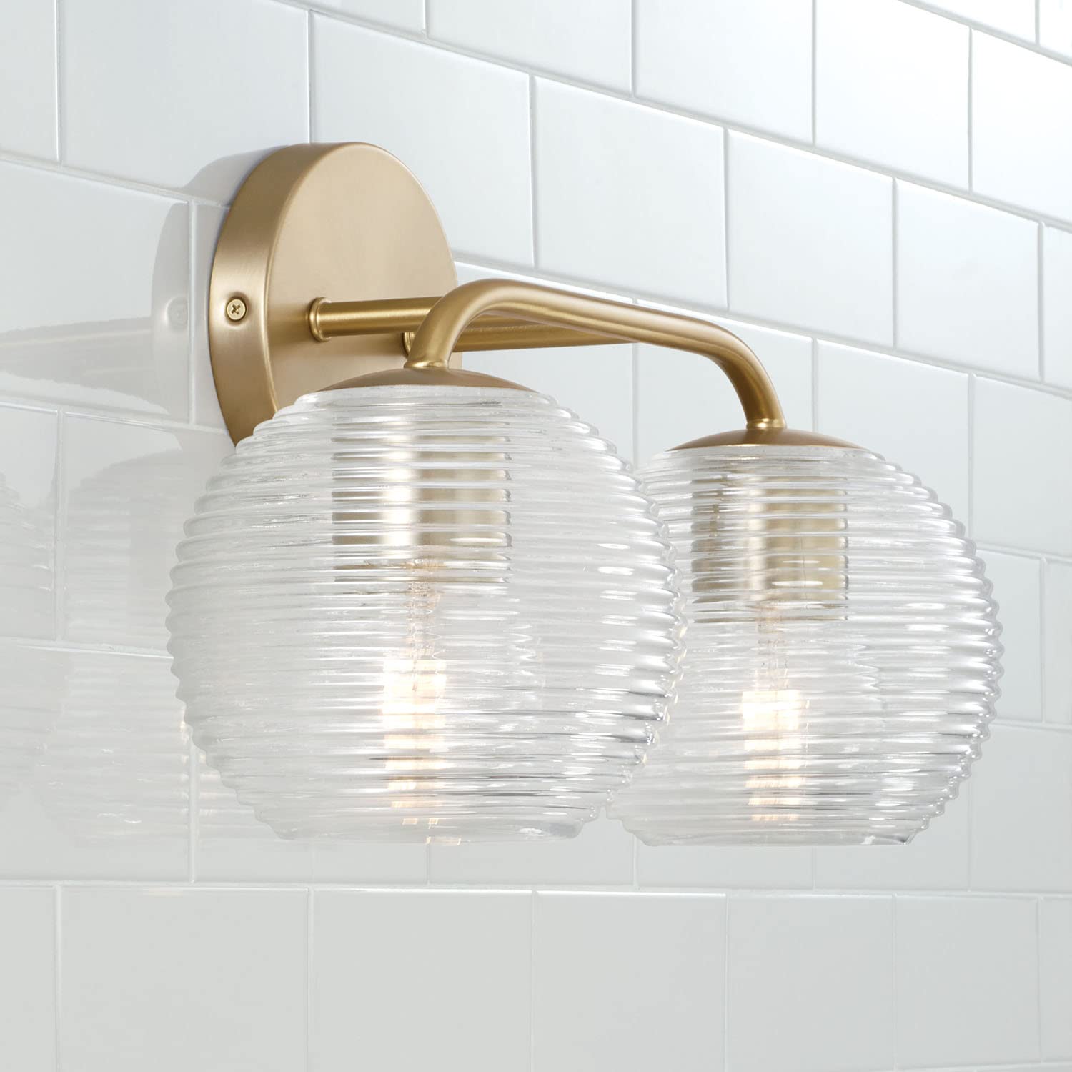 Capital Lighting 149921MA-544 Dolan 2-Light Vanity Bathroom Fixture - Clear Ribbed Glass Globe, Art Deco Transitional Style, 200W, 10