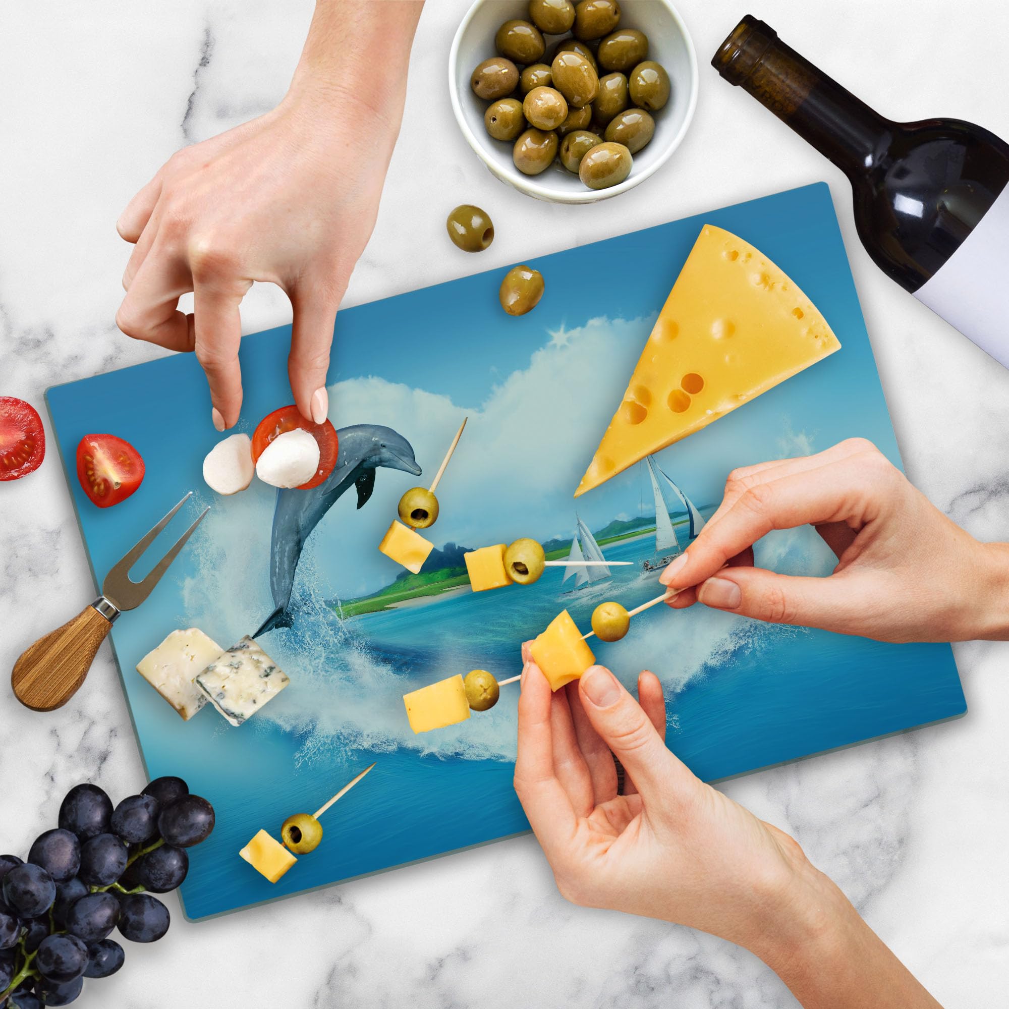 Lunarable Sea Animals Themed Heart-Shaped Tempered Glass Cutting Board - Large Blue & White Decorative Serving Board with Ocean Waves, Sailboats & Mountain Meadows Print - Perfect for Kitchen Prep, Charcuterie Display & Party Serving
