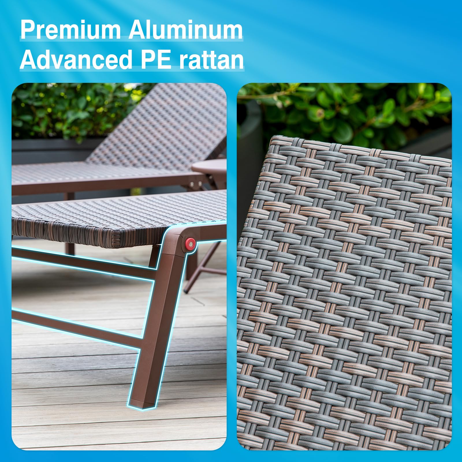 2-Piece Outdoor Chaise Lounge Set - No Assembly Aluminum Poolside Sunbathing Chairs, Patio Recliners with Flat Lay Design in Rattan Brown - Perfect for Backyard Relaxation, Beach Lounging & Resort-Style Sunbathing