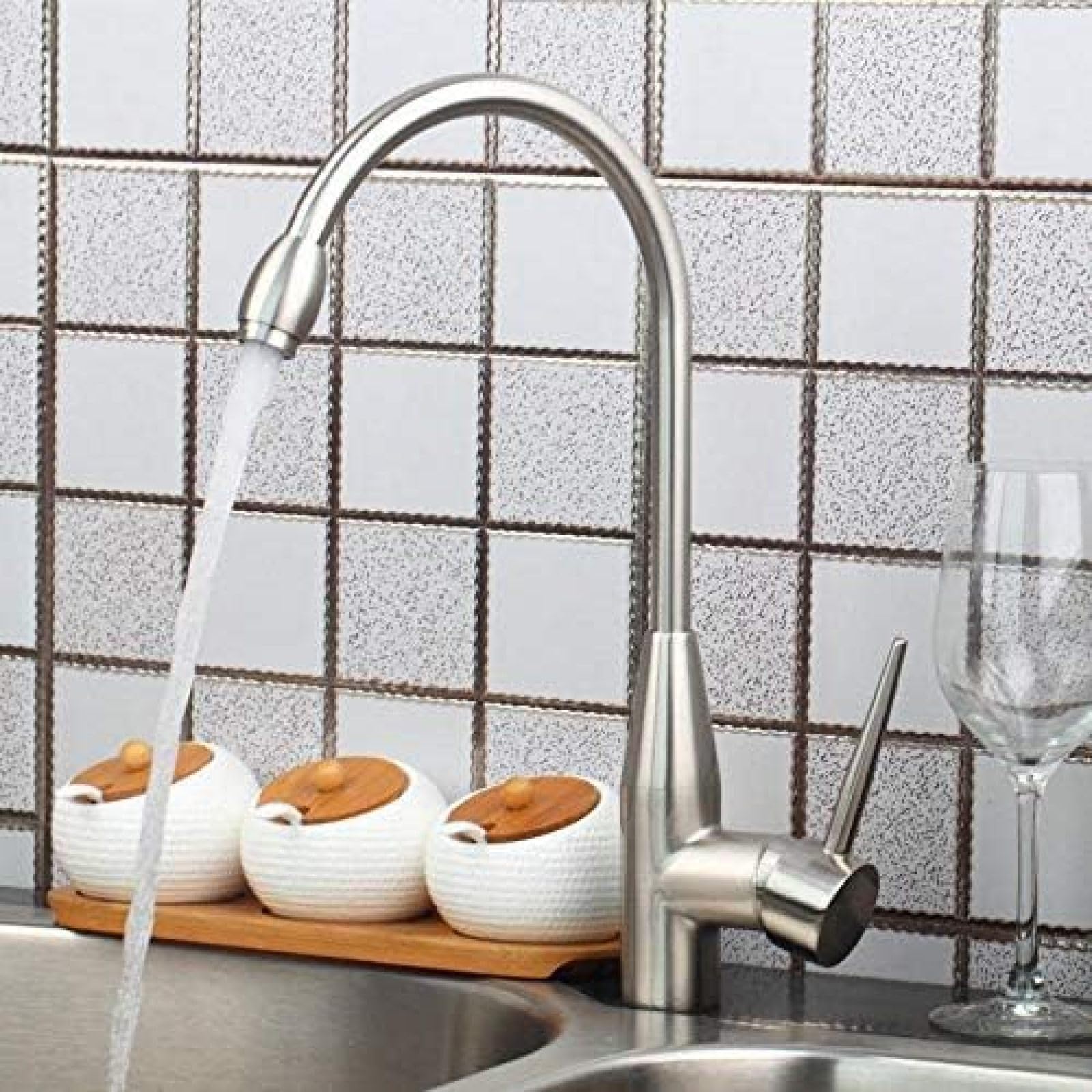 CRJUS Hot and Cold Kitchen Sink Faucet - Brushed Nickel Finish, 360° Swivel Spout, Deck Mounted Vessel Mixer Tap for Modern Vanity - Perfect for Washing Dishes, Filling Pots & Enhancing Kitchen Style