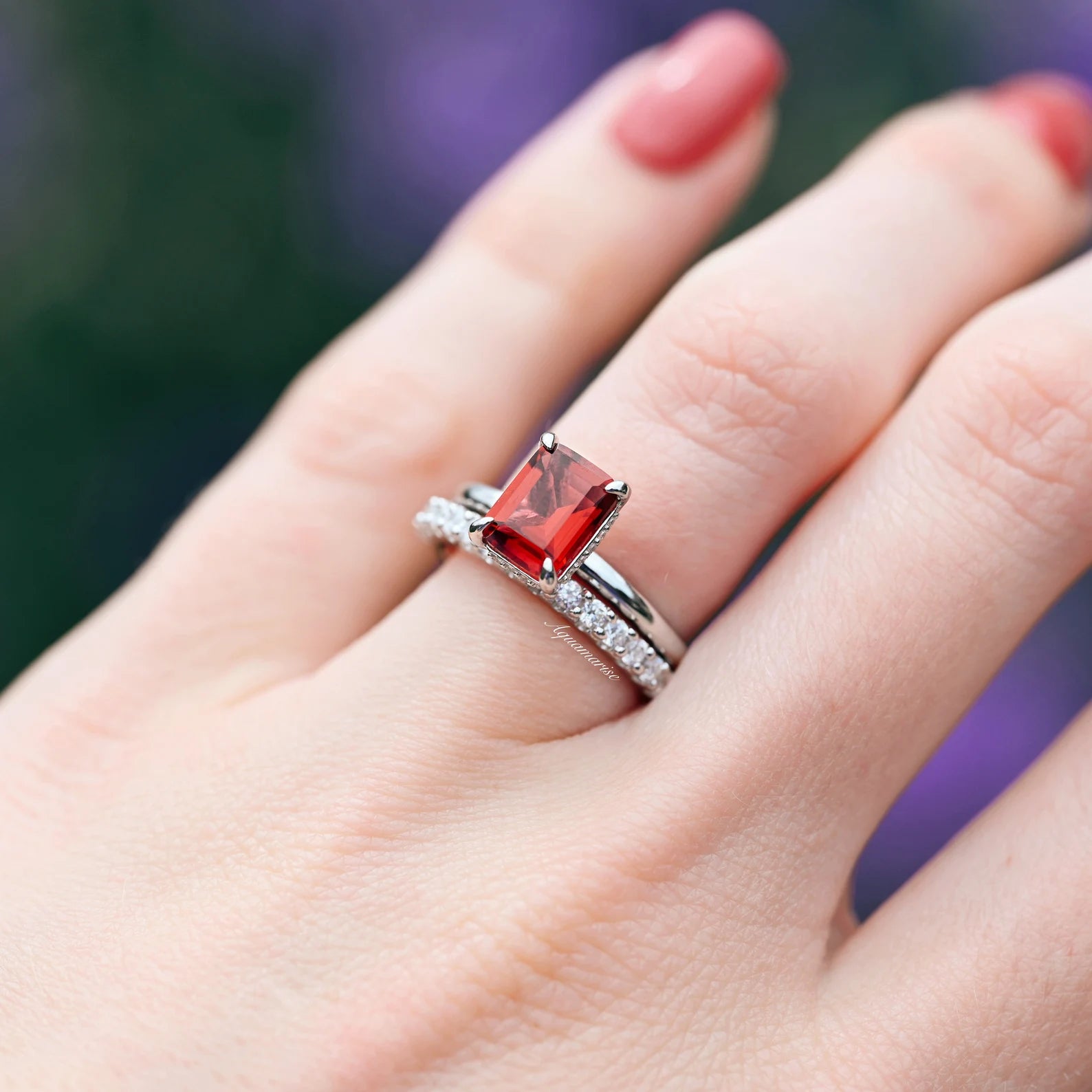 Raspberry Tourmaline Ring Set - Red Gemstone Bridal & Engagement Rings for Women | Wedding, Anniversary, Proposal & Special Occasion Jewelry Gift