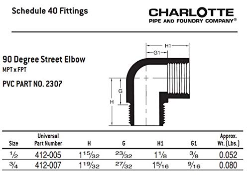 Charlotte Pipe 1/2 Inch Schedule 40 90 Degree Street Ell MPT x FPT PVC Fitting for Plumbing & Irrigation Systems - Home, Garden & Industrial Use (1-Piece)