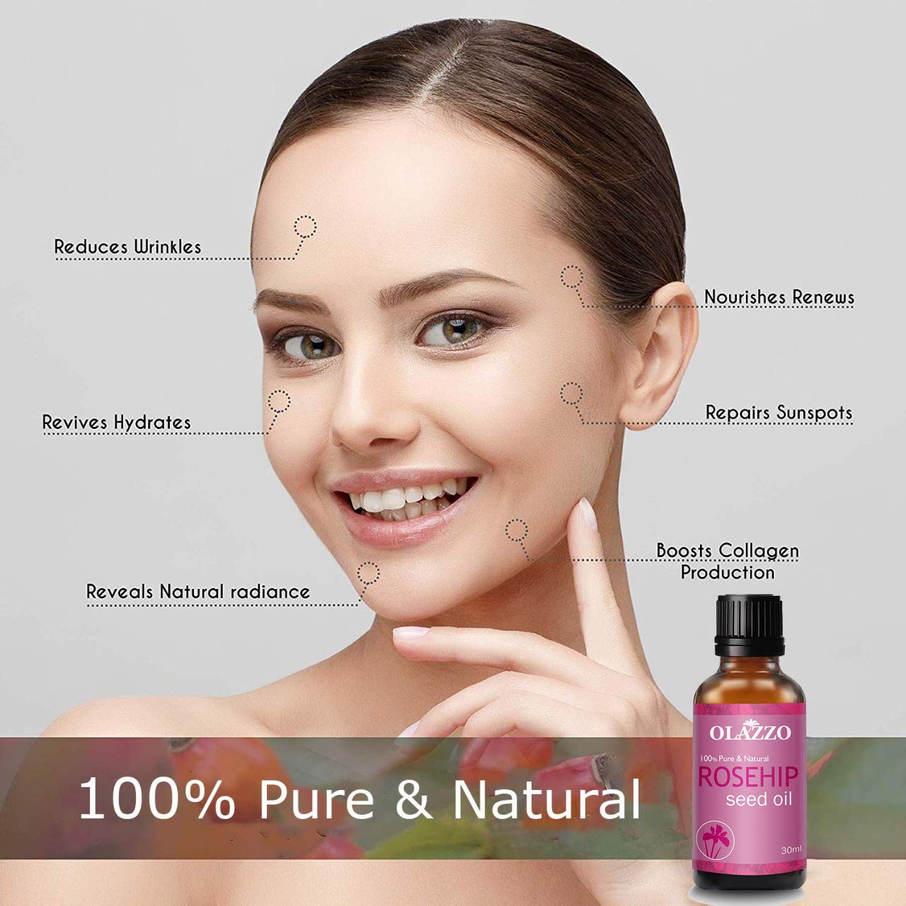 OLAZZO Organic Rosehip Face Oil for Glowing Skin - Reduces Wrinkles & Fine Lines, Dark Circles Treatment, Promotes Hair Growth for Curly Hair (30ml) | Perfect for Night Routine, Dry Skin Care & Natural Hair Hydration