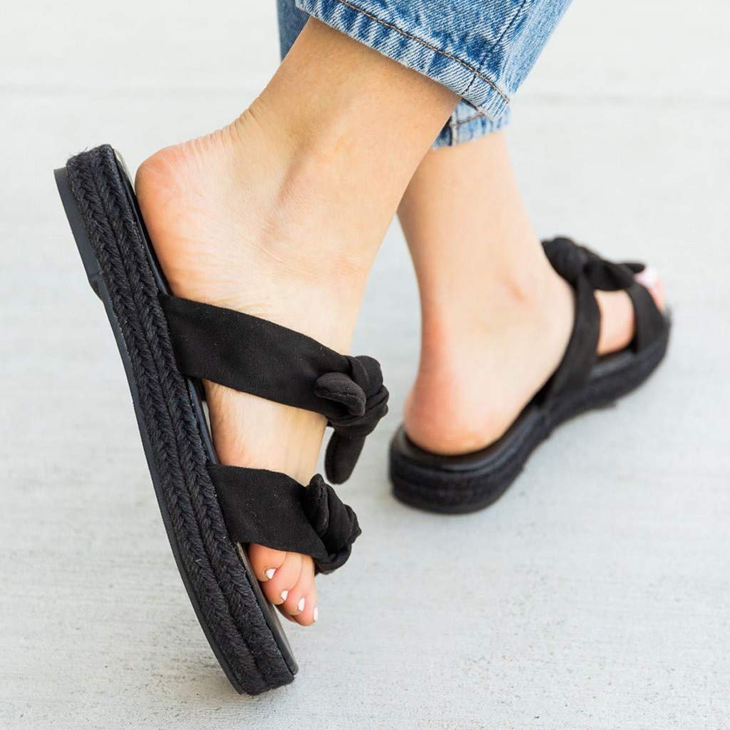 Women's Flat Slide Sandals with Cork Sole & Cute Knot Bow - Breathable Canvas Summer Slides for Beach, Pool, and Casual Outings