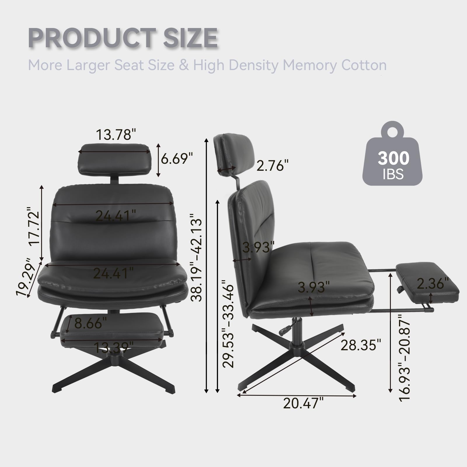 ELECWISH Criss Cross Office Chair - Armless Cross-Legged Desk Chair Without Wheels, PU Leather Ergonomic Home Office Chair with Wide Padded Seat, Headrest & Footrest - Perfect for Small Spaces, Bedroom, Living Room & Home Office (Black)
