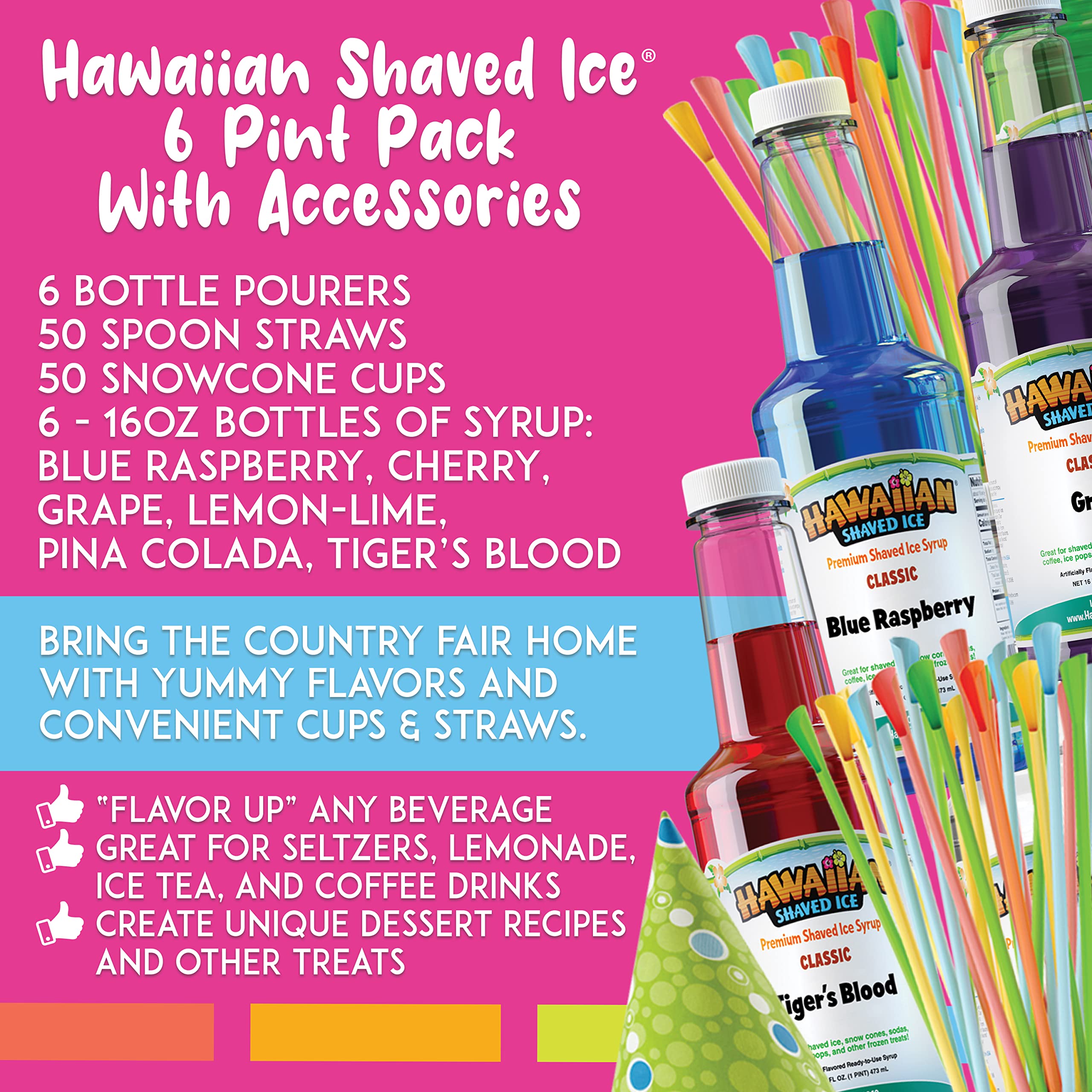 Premium Hawaiian Shaved Ice Machine S900A with 6 Flavor Snow Cone Syrup Kit - Includes Paper Cups, Spoon Straws & Bottle Pourers for Easy Serving - Perfect for Parties, Events & Home Use