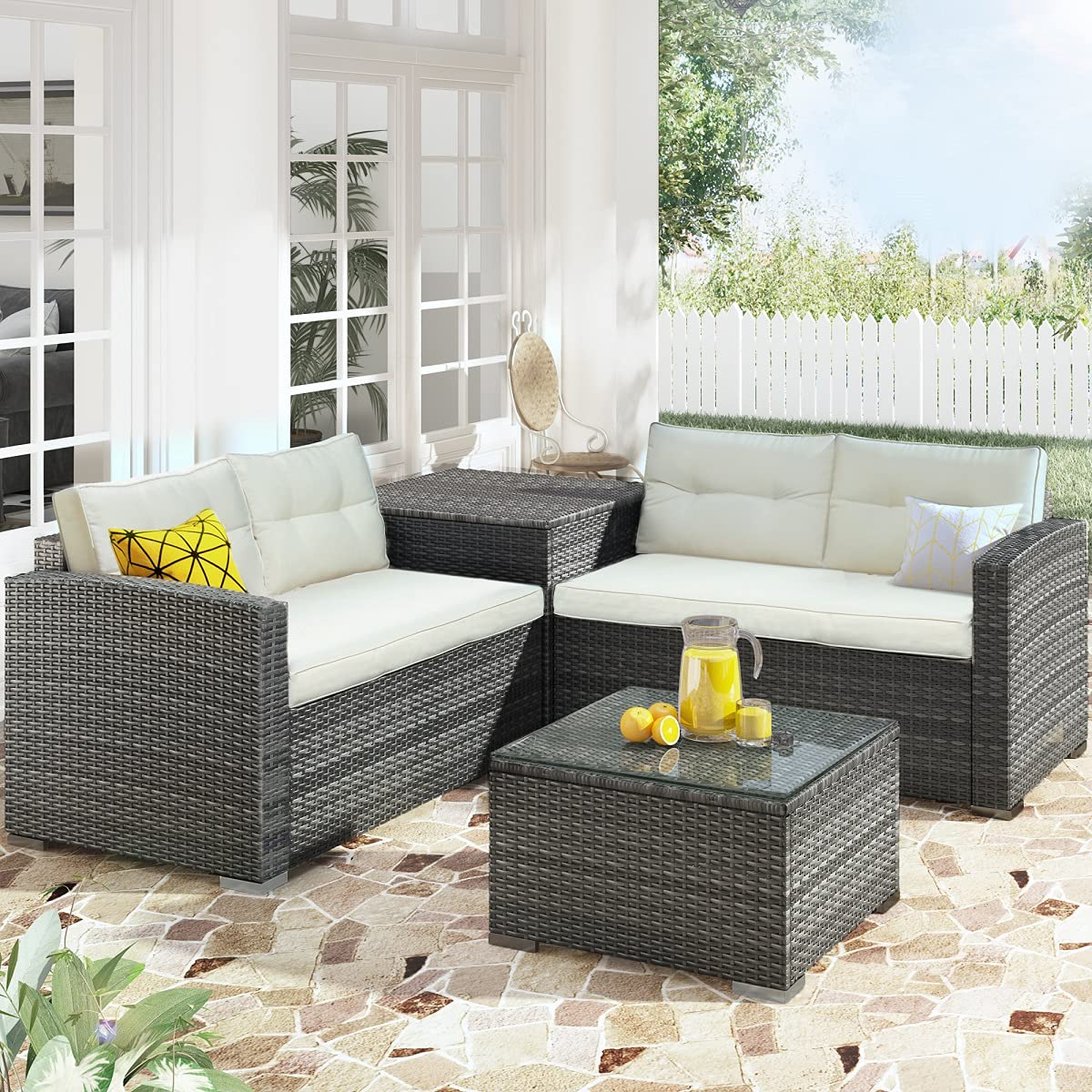 4-Piece All-Weather Rattan Patio Furniture Sofa Set with Storage Box & Cushions - Outdoor Conversation Sectional for Garden, Deck, Poolside (Beige) - Perfect for Backyard Relaxation & Entertaining