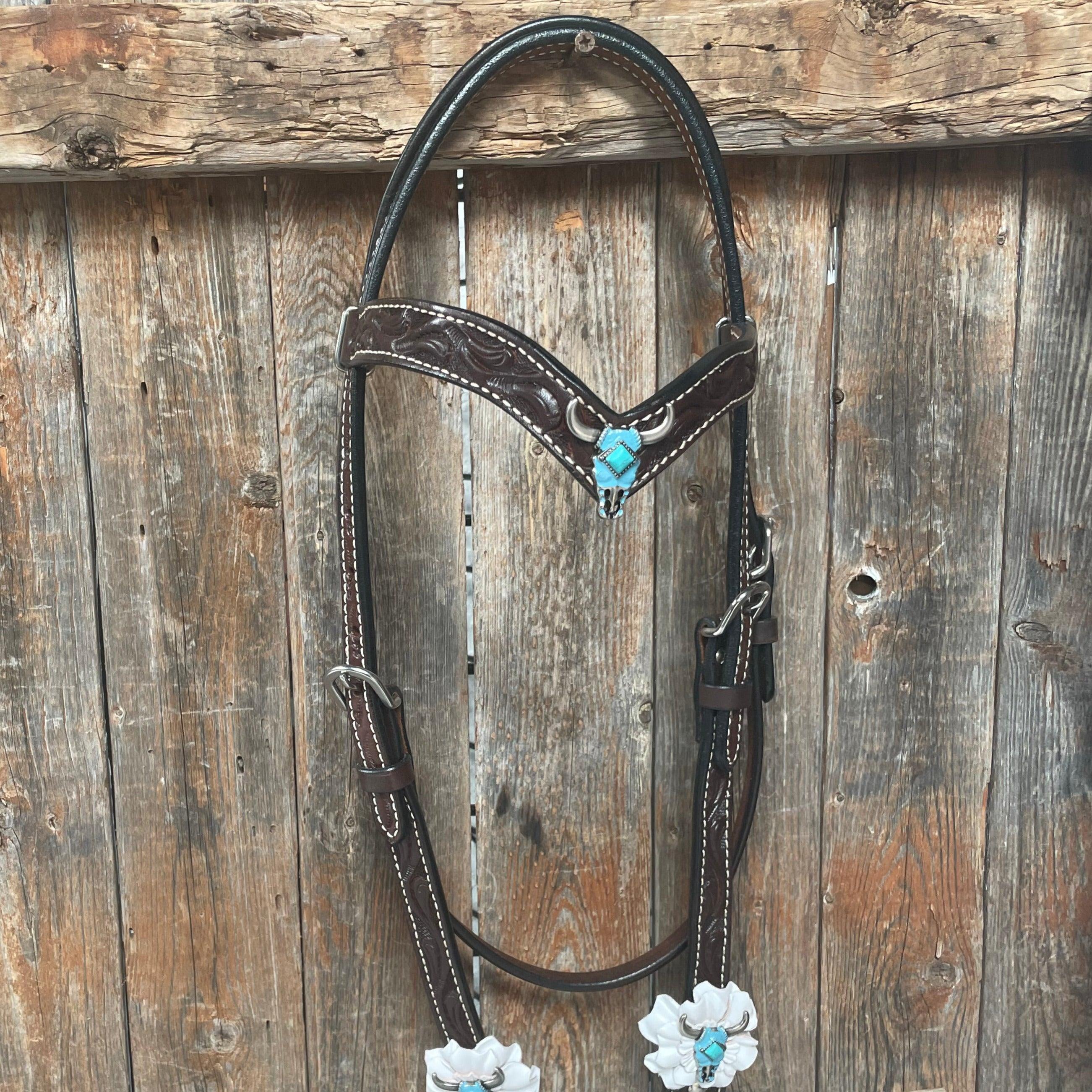 Premium Dark Oil Steer Head Browband Tack Set for Western Riding - Durable Leather Horse Bridle Accessories for Show & Trail Riding #BBBC490
