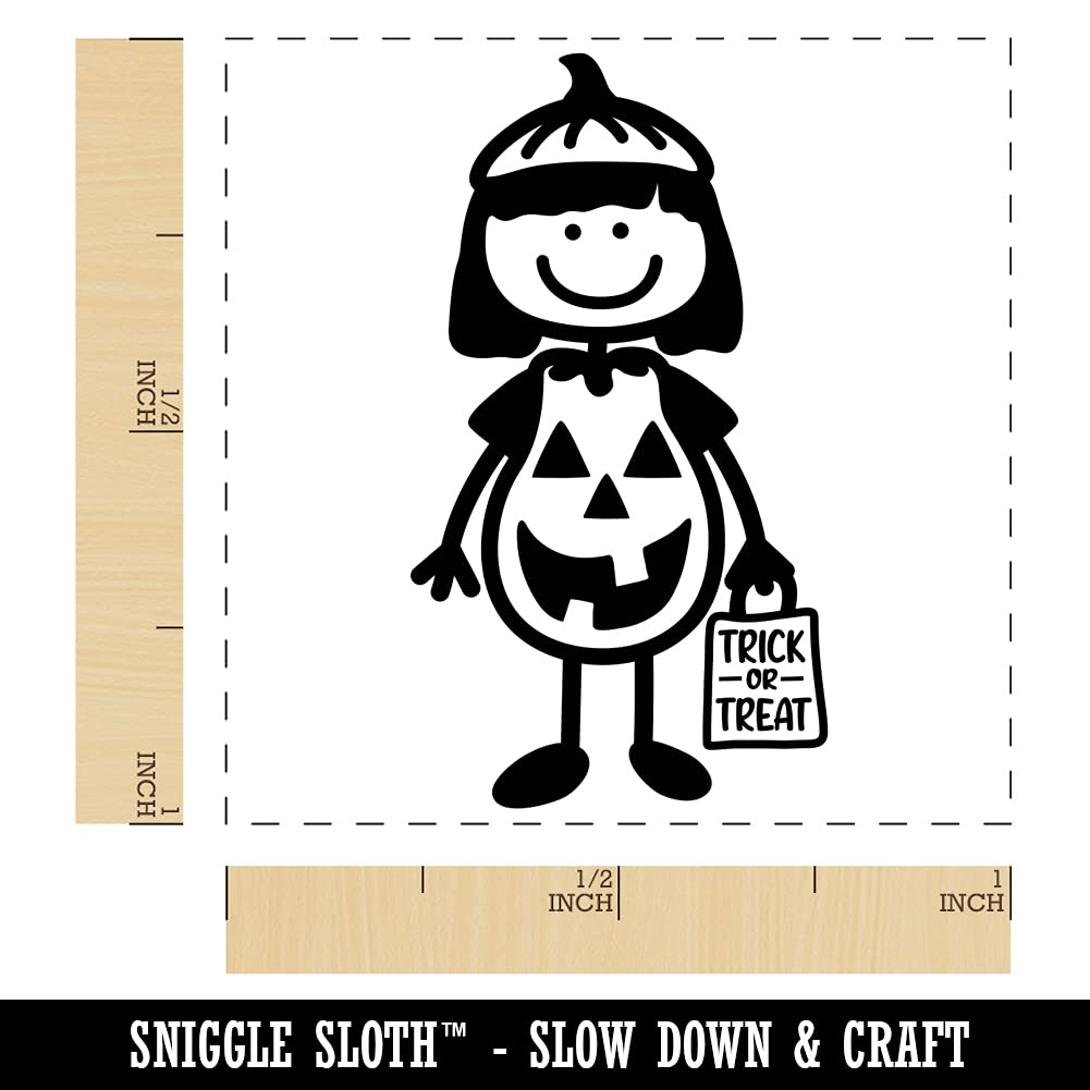 Halloween Pumpkin Stick Figure Girl Self-Inking Rubber Stamp - 1 Inch Small Black Ink Stamper for DIY Crafts, Scrapbooking & Party Invitations