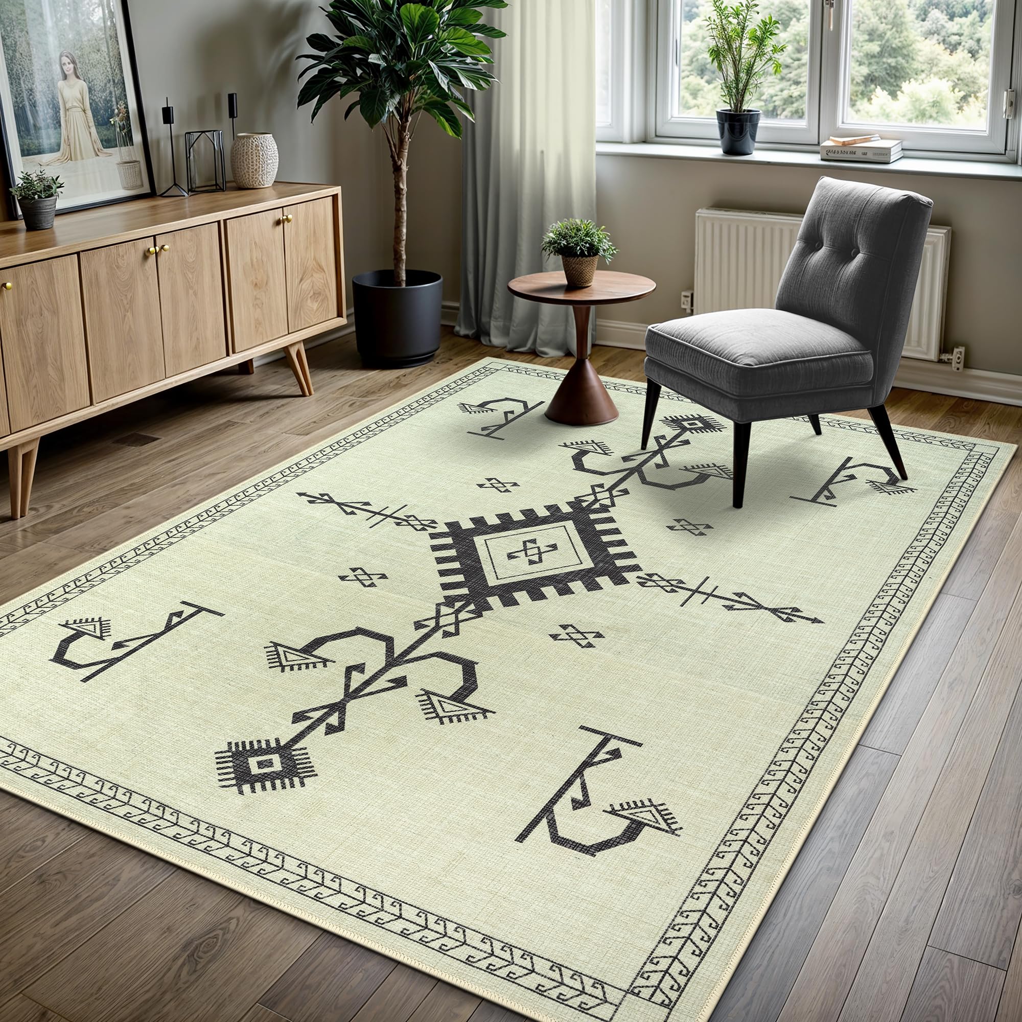 GLN Rugs Bohemian Collection - Machine Washable Vintage Area Rug, Non-Slip Low Pile Chenille Rug for Living Room, Bedroom & Bathroom (9'5