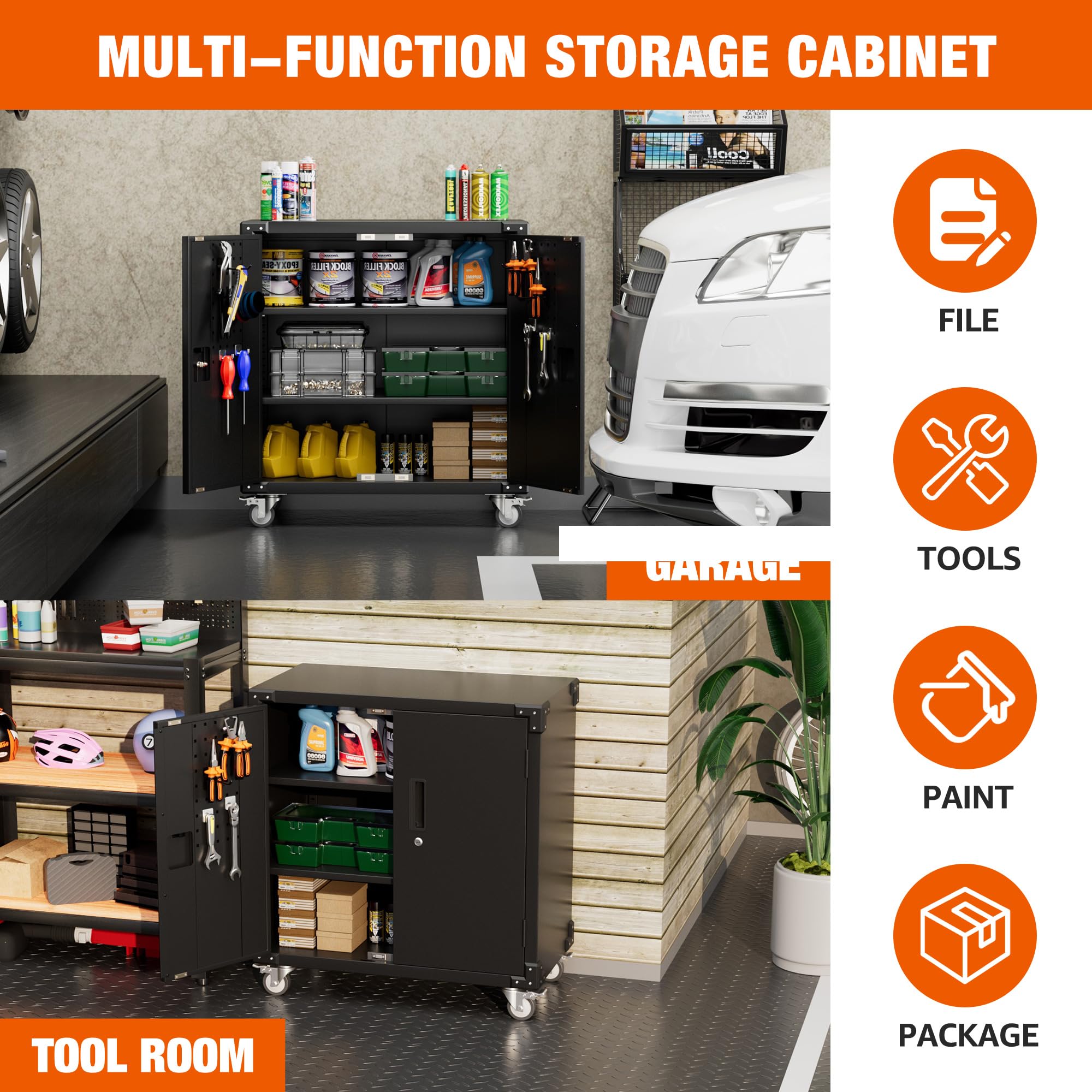 Garage Storage Cabinet - Heavy Duty 2-Door Locking Steel Tool Cabinet on Wheels with 2 Adjustable Shelves for Garage, Workshop, School & Warehouse Organization (Black) - Perfect for Storing Tools, Equipment & Supplies with Easy Mobility