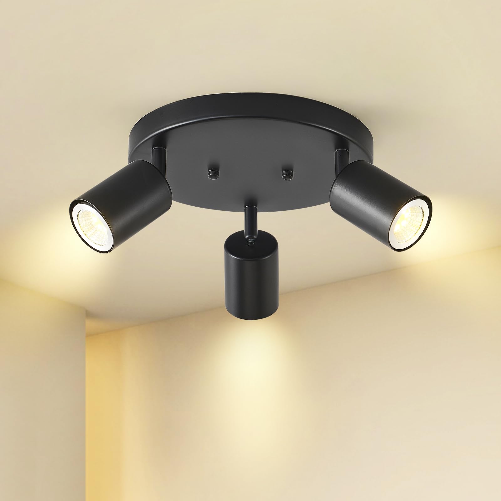 EGM Adjustable 3-Light Black Round Track Ceiling Spotlight - GU10 Flush Mount Directional Lighting Fixture for Kitchen, Bedroom, Office & Picture Wall - Perfect for Modern Home & Commercial Spaces (Black 3-Light)