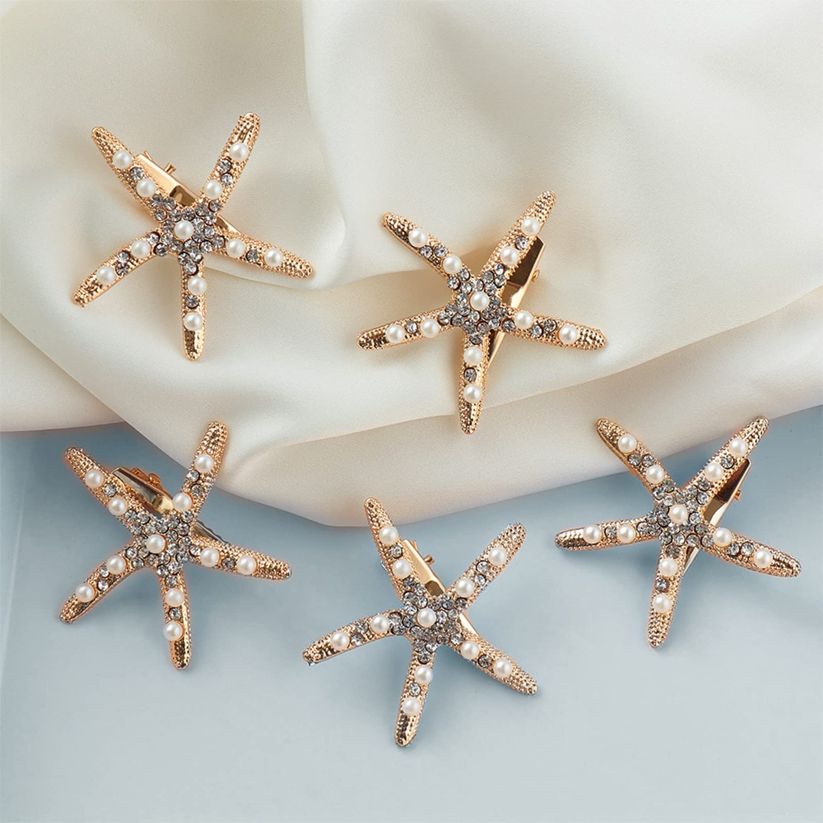 5 PCS Starfish Hair Clips with Pearl Rhinestones - Non-Slip Hair Barrettes for Women, Girls & Brides - Perfect for Weddings, Beach Parties & Everyday Styling