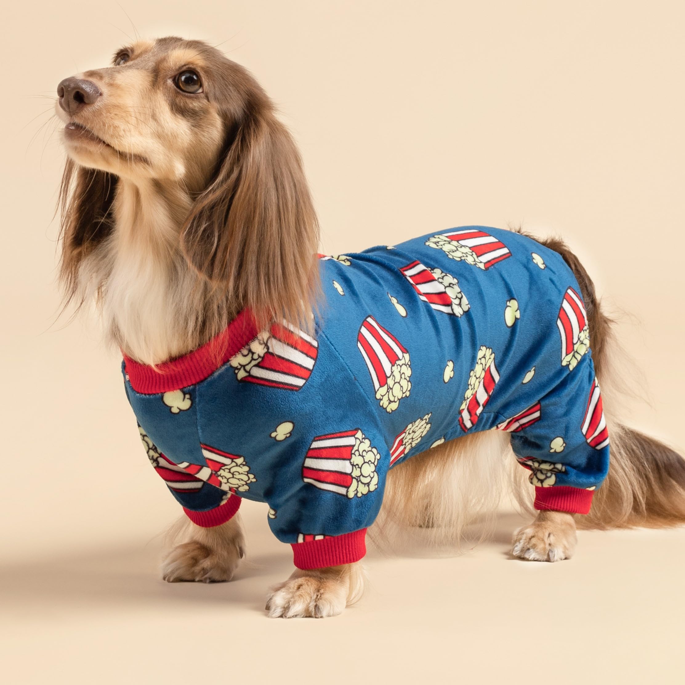 Fitwarm Popcorn Dog Pajamas - Funny Fleece Pet Onesie with Feet for Small Dogs (Blue, Red, White, Yellow, Medium) - Cozy Winter Sleepwear for Puppies & Indoor Lounging