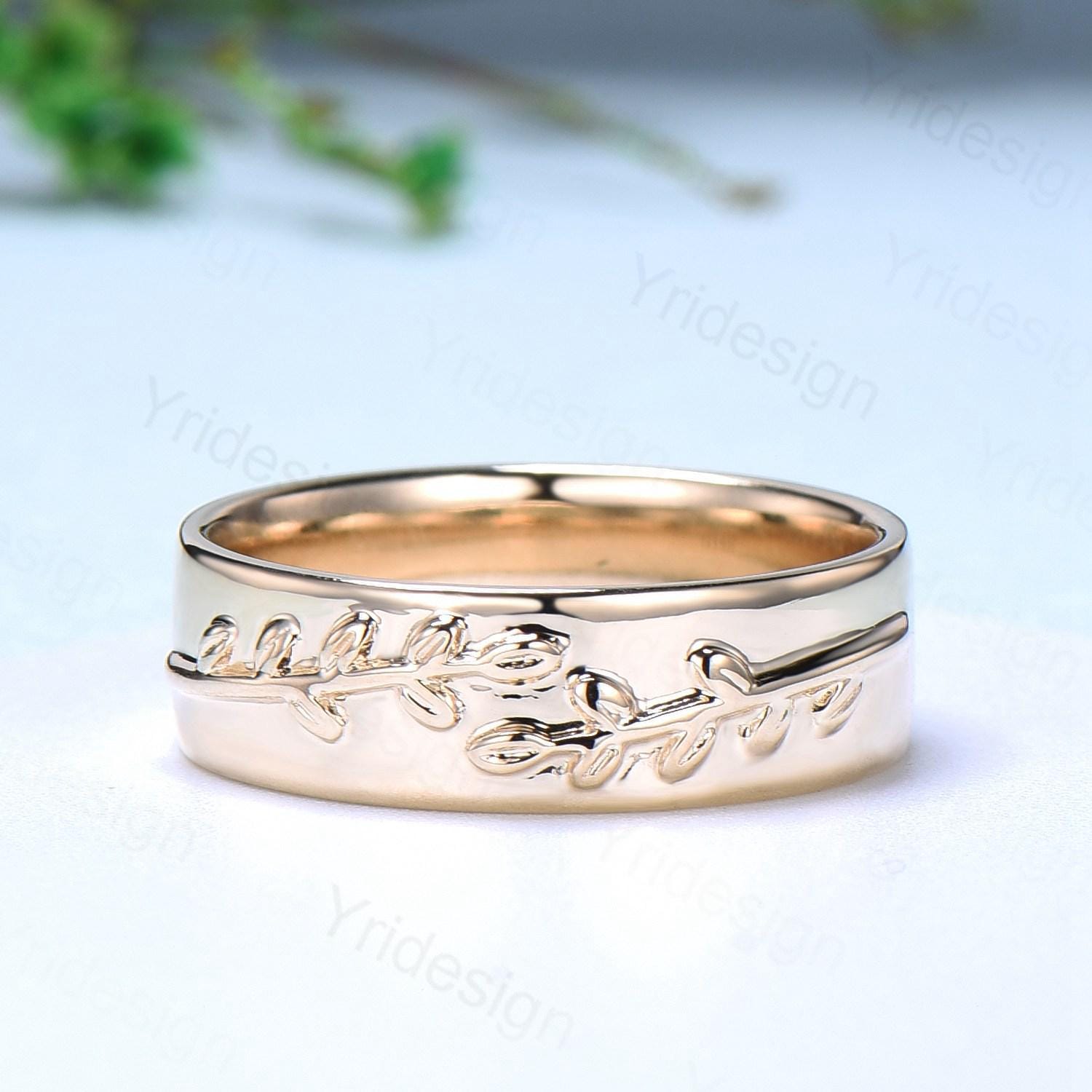 6mm 14K Yellow Gold Art Deco Leaf Branch Vines Wedding Band for Men - Unique Nature Inspired Ring for Engagement, Anniversary & Special Occasions - Perfect Gift for Him, Outdoor Enthusiasts & Nature Lovers