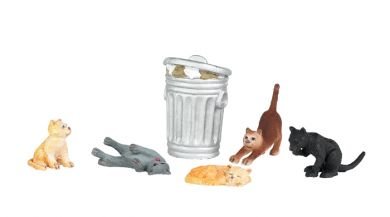 Bachmann Trains O Scale Figures - 6pcs Cats with Garbage Can Model Train Accessories - Perfect for Train Layouts, Dioramas & Collectible Displays