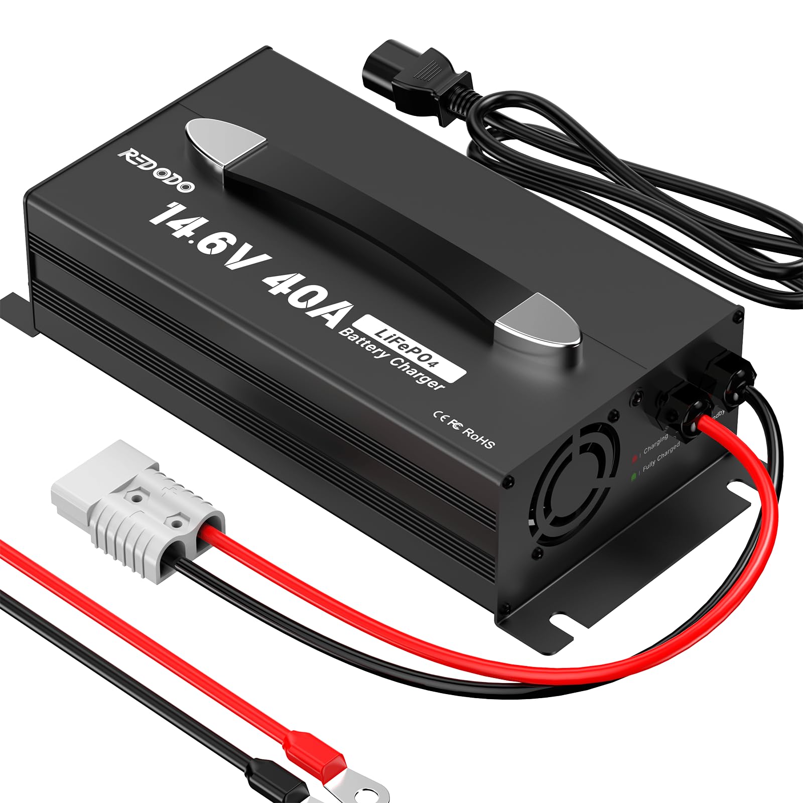 Redodo 14.6V 40A LiFePO4 Battery Charger - High Power Lithium Battery Charger with Upgraded Handle & Full Protection | Compact & Durable Design for 12V LiFePO4 Batteries | Ideal for RVs, Solar Systems, Marine Applications & Off-Grid Power Solutions