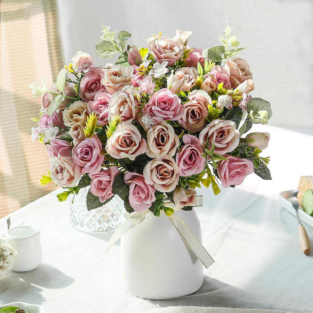 Artificial Silk Rose Bouquet with Vase - Purple Fake Flowers for Wedding, Home, Office & Party Decor - Elegant Table Centerpiece & Floral Arrangement for Bridal Shower, Anniversary & Romantic Dinner Decorations
