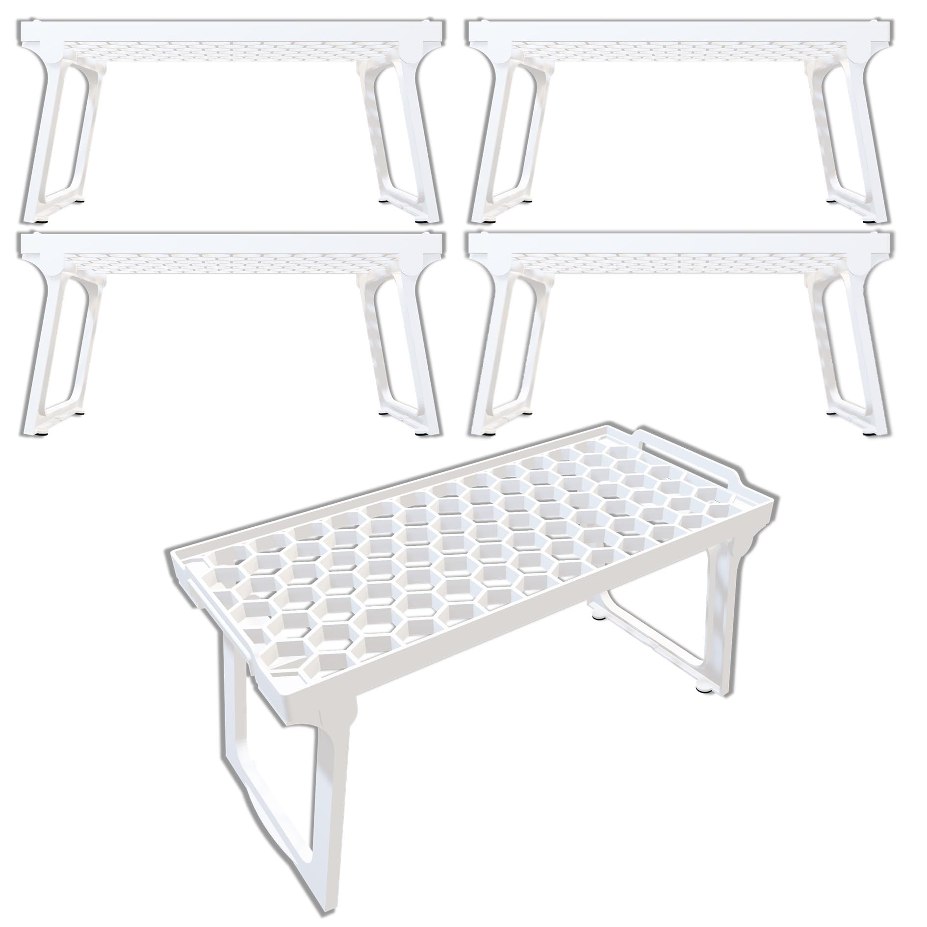 Ums Stackable White Plastic Kitchen Cabinet Shelf Organizers - 12 x 5.5 Inch Freezer & Refrigerator Storage Racks for Spices, Pantry - Space Saving Shelf Risers (Pack of 4) - Perfect for Organizing Small Items in Fridge, Cabinets or Closet Storage