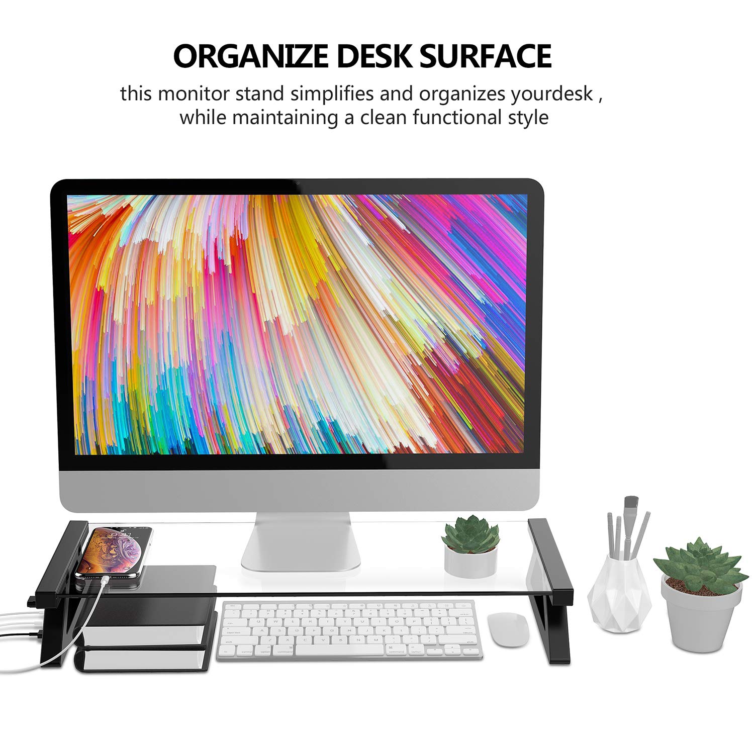 Yivandi Clear Tempered Glass Monitor Stand with USB Ports - 3-in-1 Adjustable Computer Riser for PC, iMac, MacBook & Printer - Perfect for Home Office, Gaming Setup & Workspace Organization
