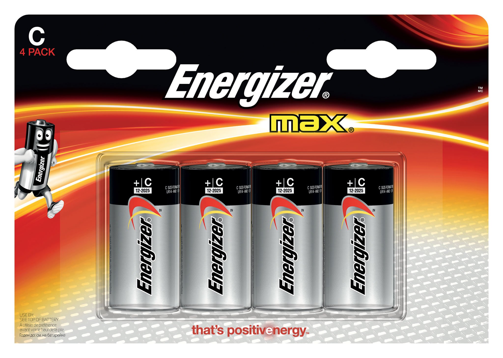 Energizer Max Premium Alkaline C Batteries (4-Pack) – Long-Lasting Power for Flashlights, Toys, and Electronic Devices – E93BP-4