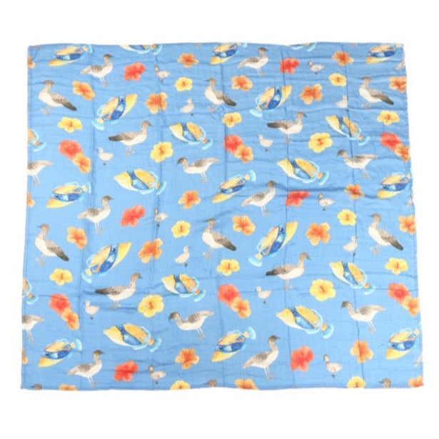 Soft Baby Muslin Swaddle Blanket - Humu Nene Hibiscus Blue Design - Perfect for Newborn Swaddling, Nursing & Stroller Use