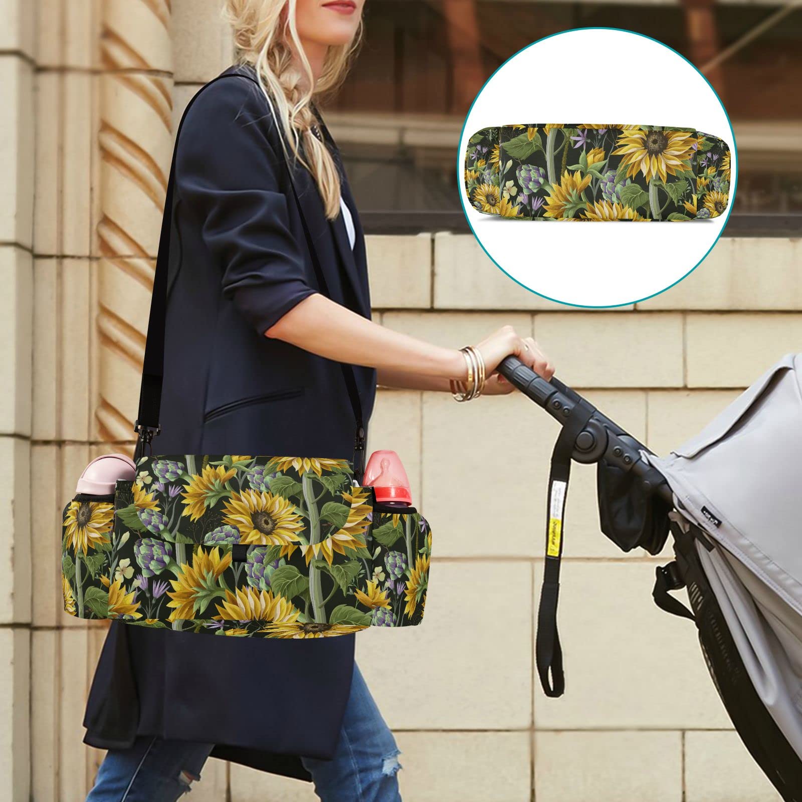 Universal Stroller Organizer with Cup Holder & Detachable Shoulder Strap - Sunflower Artichoke Design Baby Stroller Accessories for Diapers, Phone, Keys & Toys - Fits All Strollers - Perfect for Park Outings, Shopping & Travel