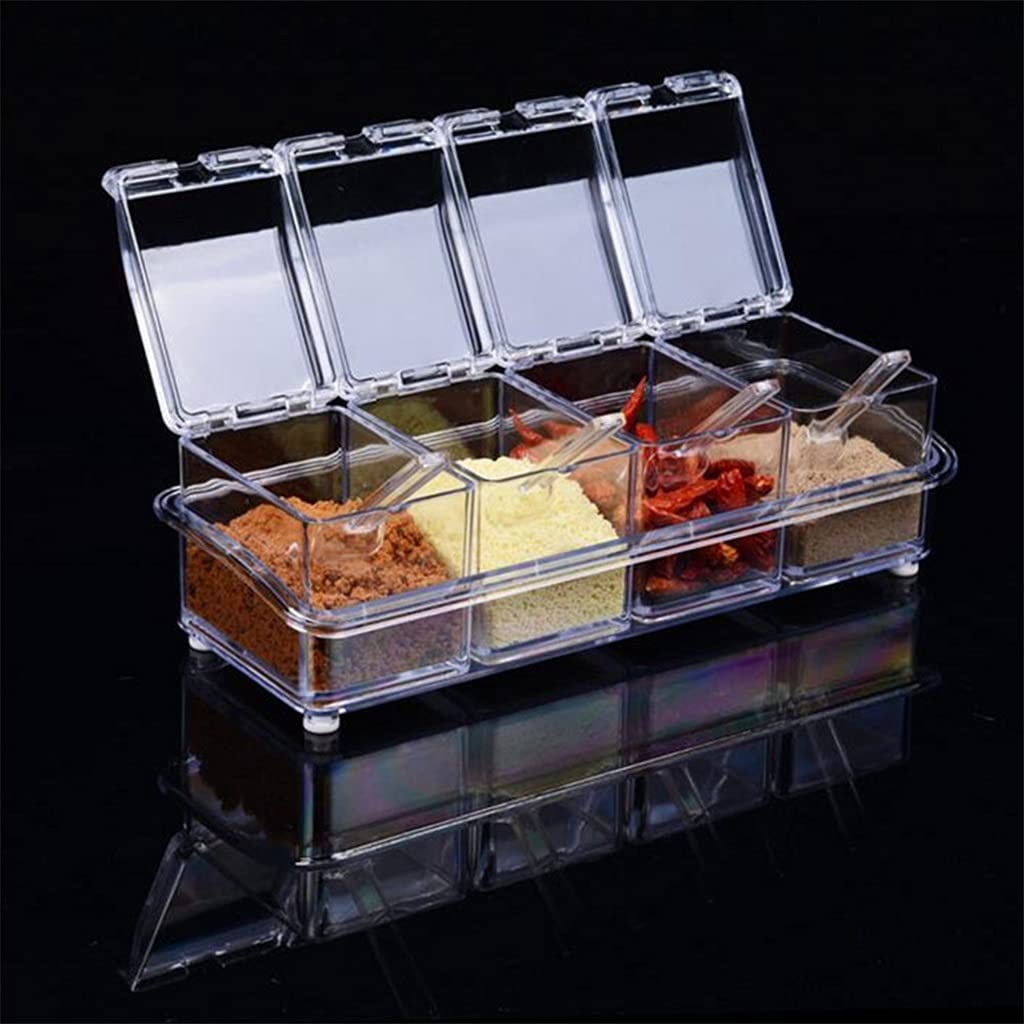 4-Piece Clear Acrylic Spice Rack with Lids & Spoons - Stackable Seasoning Storage Containers for Kitchen Countertop - Perfect for Salt, Pepper, Herbs & Cooking Spices Organization