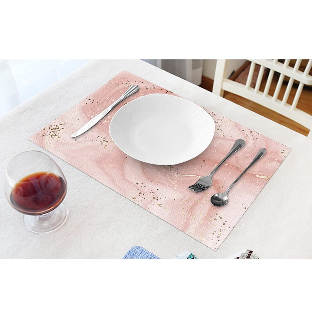 EKOBLA Aesthetic Marble Print Non-Slip Placemats - Set of 4 Washable Cotton Linen Table Mats with Gold Glitter Splatter Design, Heat Resistant for Dining Table & Kitchen Decor | Perfect for Dinner Parties, Brunch, and Home Styling