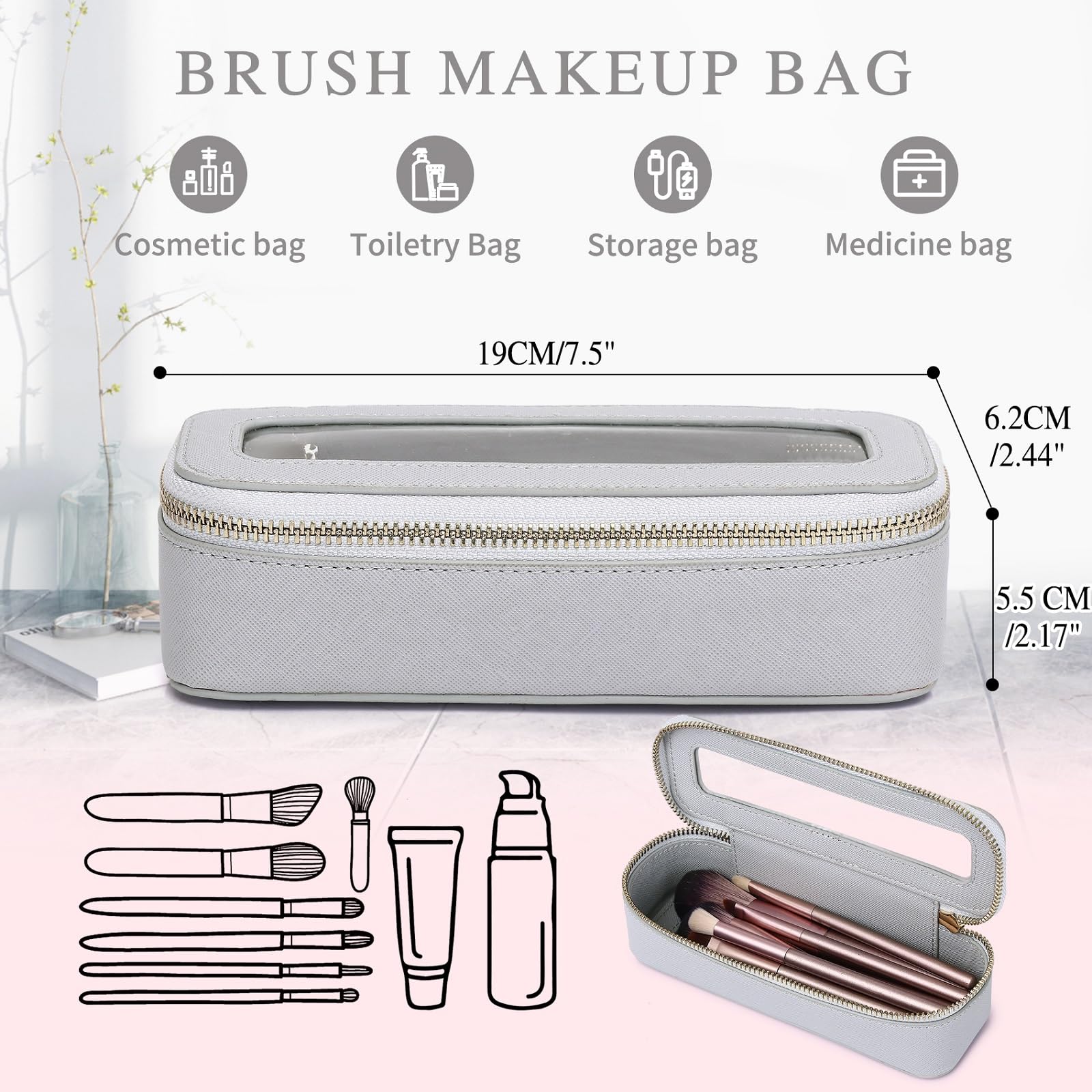 Travel Makeup Brush Case - Slim Zippered Cosmetic Bag for Women | Gray Organizer for On-the-Go Beauty Essentials