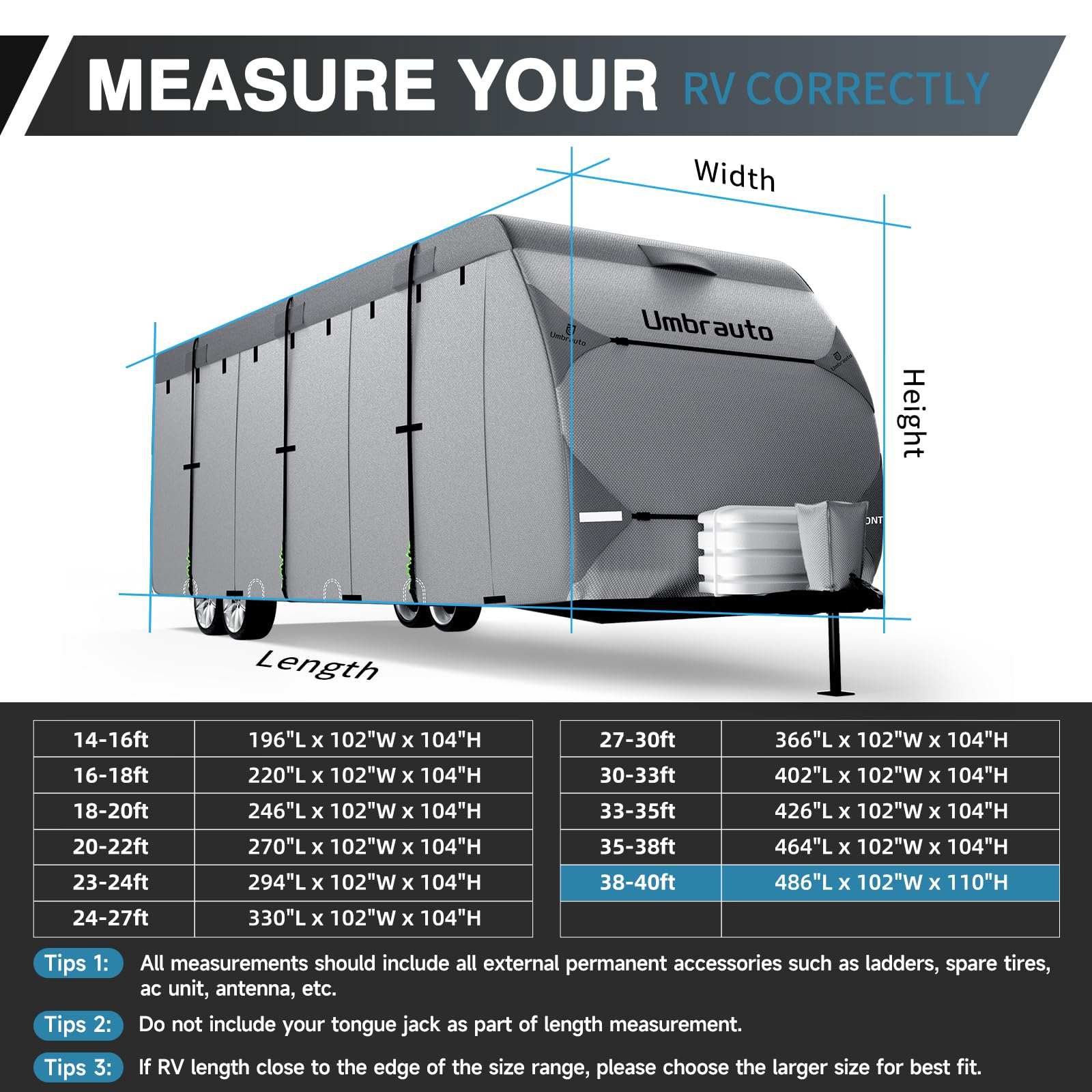 Umbrauto RV Cover 35-38ft - 7 Layer Waterproof Travel Trailer Cover with Tongue Jack Protection | Heavy Duty Camper & Toy Hauler Cover | Includes Windproof Ropes & Gutter Covers | Perfect for Outdoor Storage & Winter Protection
