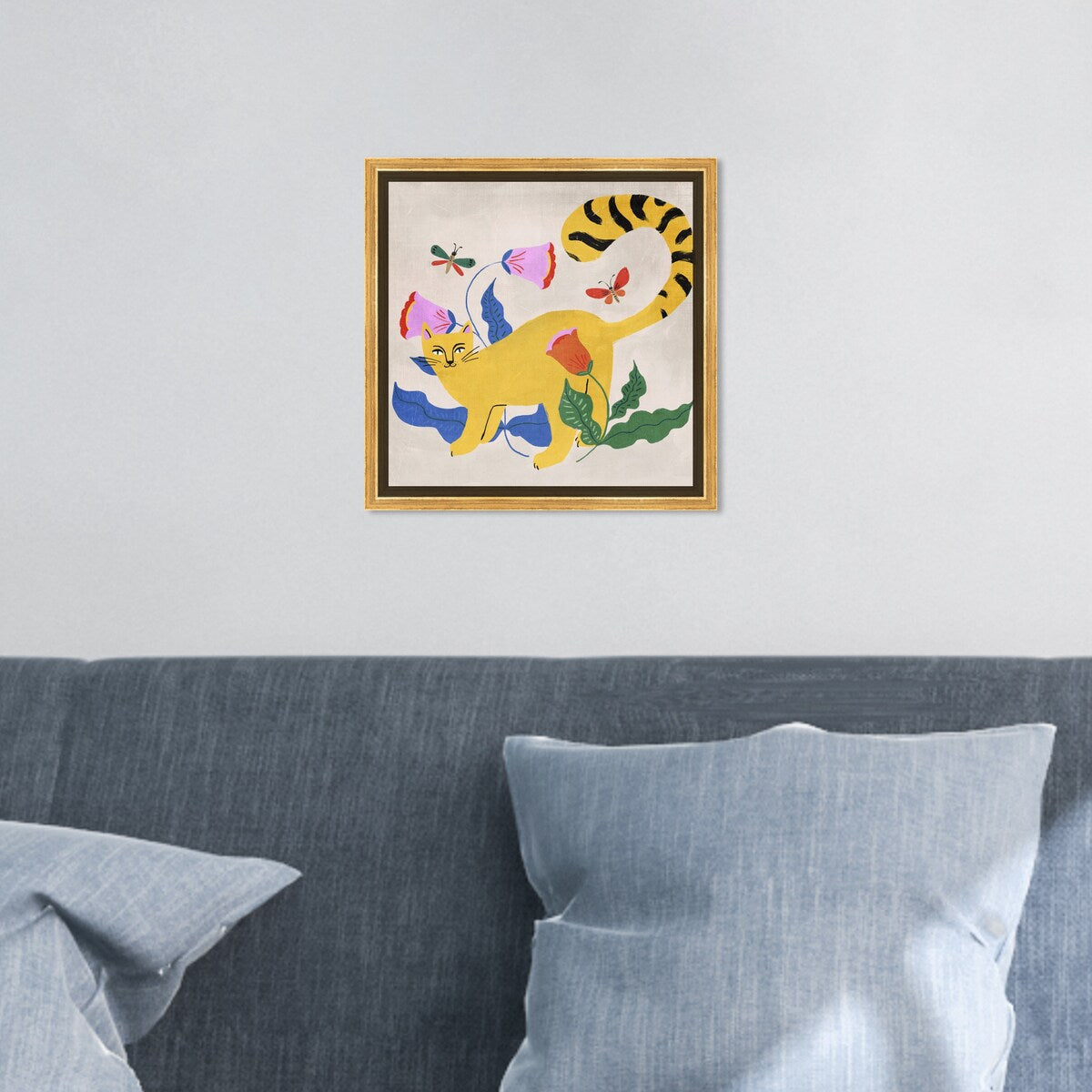 Blonde Tabby Floral Kitten Butterfly Garden Modern Yellow Framed Canvas Wall Art Print - Home Decor for Bedroom, Living Room & Nursery
