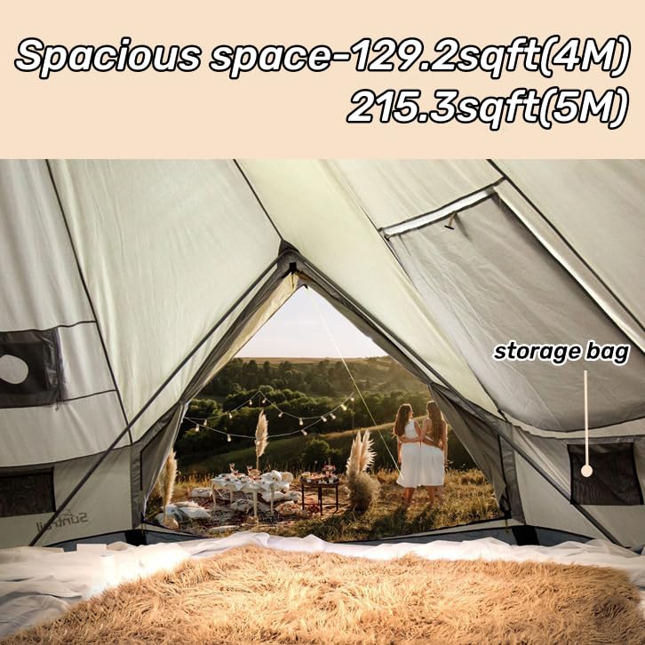 300D Oxford Waterproof Backpacking Bell Tent with Top Stove Jack - All Season Camping Yurt for Glamping, Outdoor Events & Parties (Off White, 13ft/16.4ft) - Perfect for Family Camping, Music Festivals & Wilderness Adventures