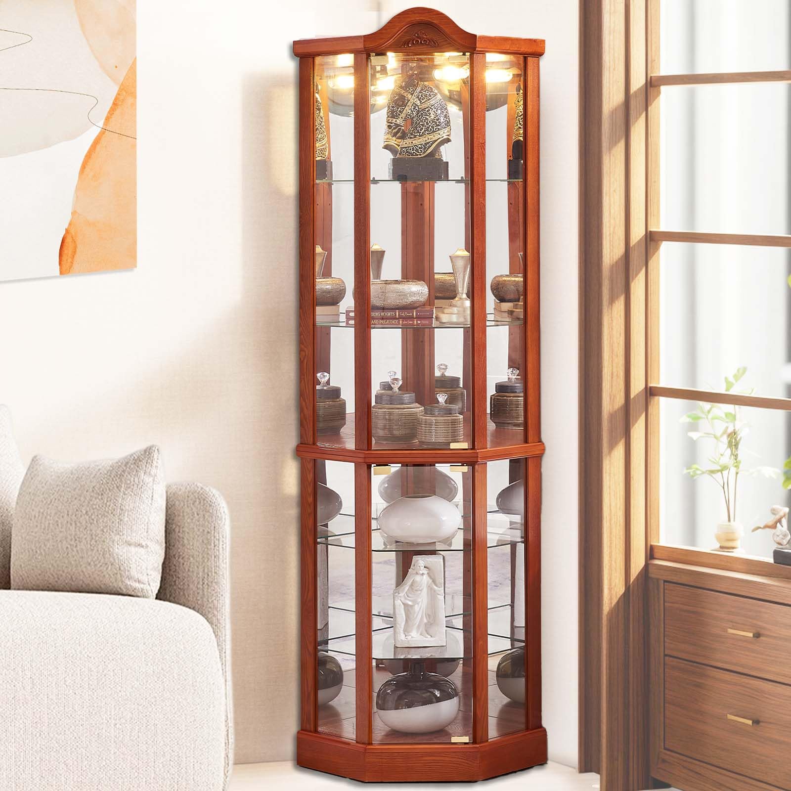 Oak Curio Cabinet with Glass Doors & LED Lights - 3-Side Glass Display Cabinet with 6 Adjustable Shelves - Perfect for Living Room, Dining Room, or Office Corner Display (Antiques, Collectibles & Home Decor)
