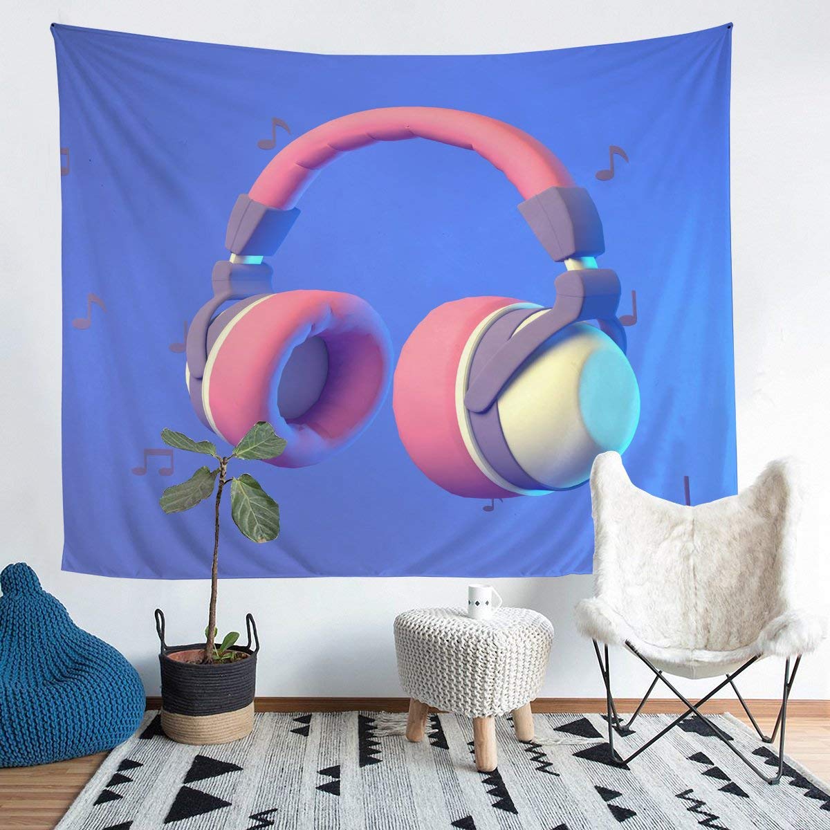 Feelyou Boys Headset Wall Tapestry - Rock Music Themed Blue Headphone Tapestry with Musical Note Pattern - XL 70x92 Inches Wall Hanging for Kids, Girls & Teens - Perfect for Bedroom, Living Room & Dorm Decor