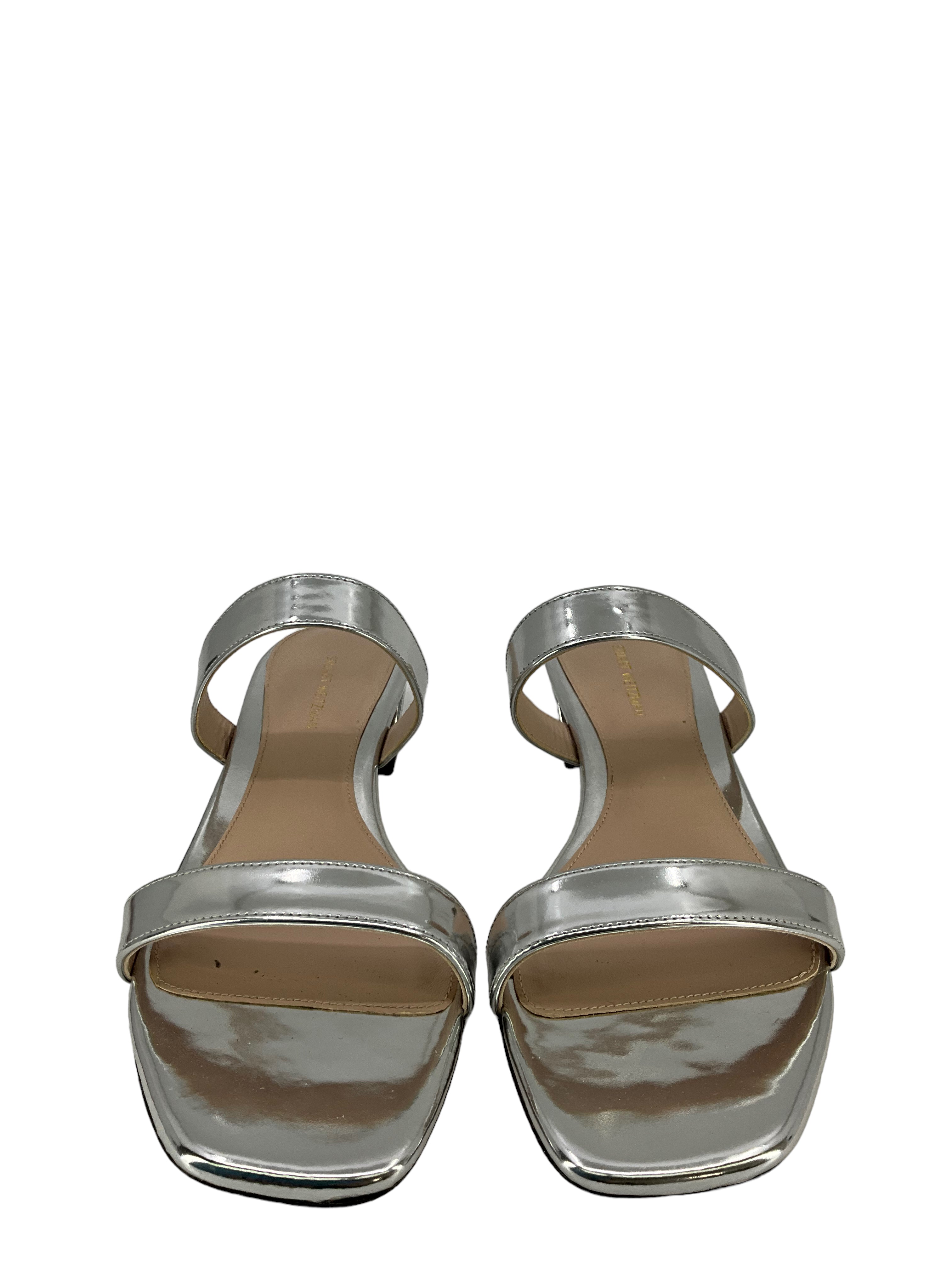 Stuart Weitzman Women's Silver Patent Leather Sandals Size 8 | Comfortable Dressy Heeled Sandals for Weddings, Parties & Summer Outfits