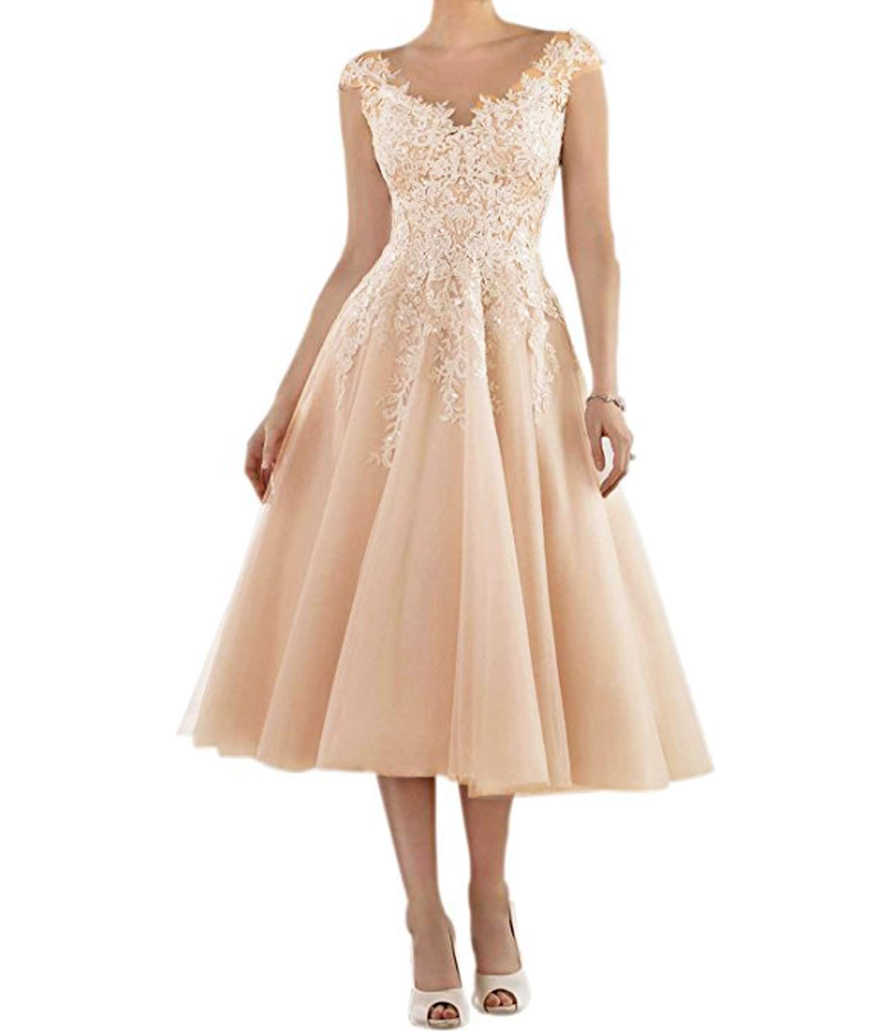 Off The Shoulder Half Sleeves Tea Length Wedding Dress for Women - Light Pink Size 8 | Elegant Bridal Gown for Beach Weddings, Garden Ceremonies & Romantic Photoshoots