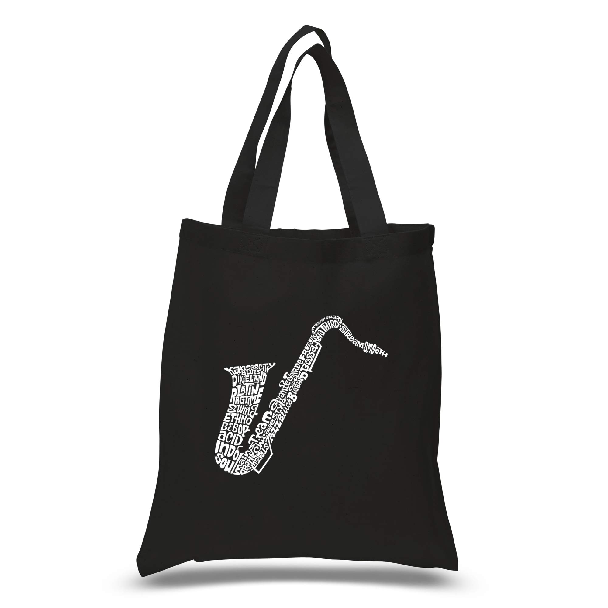 LA Pop Art Small Word Art Tote Bag - Saxophone Design Canvas Shopper for Women | Perfect for Grocery Shopping, Beach Trips & Music Lovers Gift