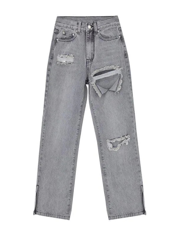 Women's Straight Ripped Jeans with Ankle Slits - Trendy Distressed Denim Pants for Casual Outfits & Streetwear Fashion
