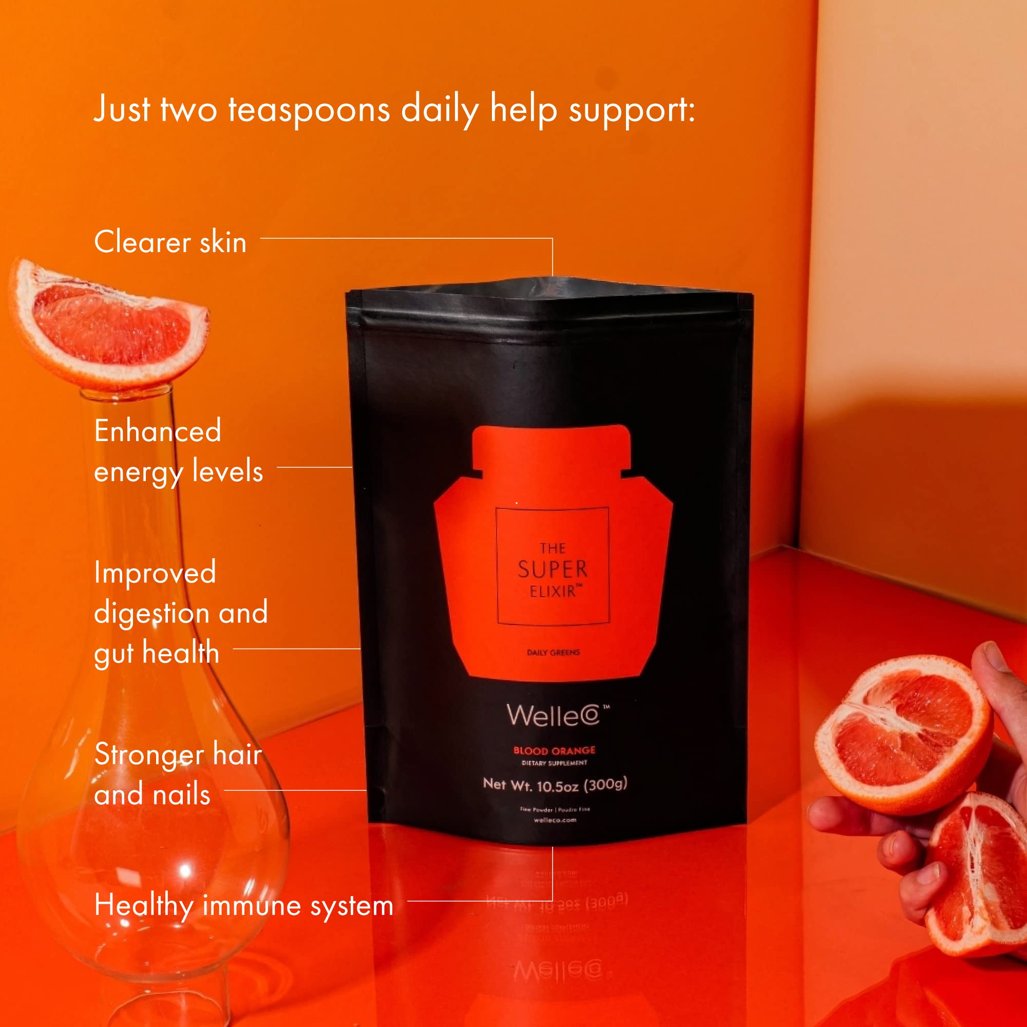 WelleCo The Super Elixir Daily Greens Powder - Vegan Probiotic Drink Mix with Whole Foods for Gut Health, Energy Boost & Immunity Support | Gluten Free Superfood Supplement for Healthy Skin, Hair & Nails (300g, Blood Orange Flavor) | Perfect for Smoothies, Wellness Shots & Daily Detox Routines