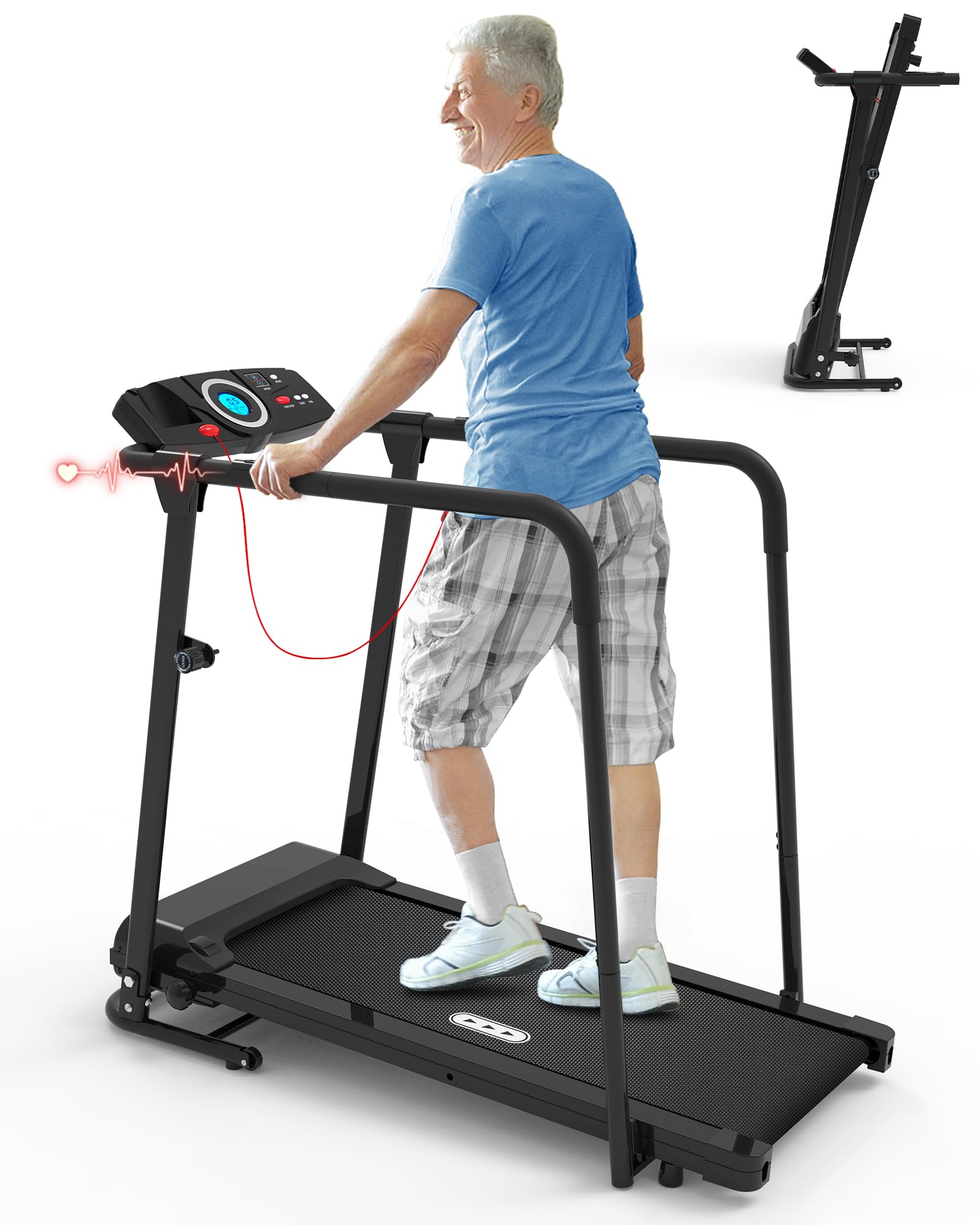 Foldable Walking Treadmill for Seniors - 300 lbs Weight Capacity with Long Safety Handrails & Heart Rate Monitor - Home Fitness Equipment for Elderly Recovery & Low-Impact Exercise - Perfect for Physical Therapy, Rehab & Gentle Cardio Workouts at Home