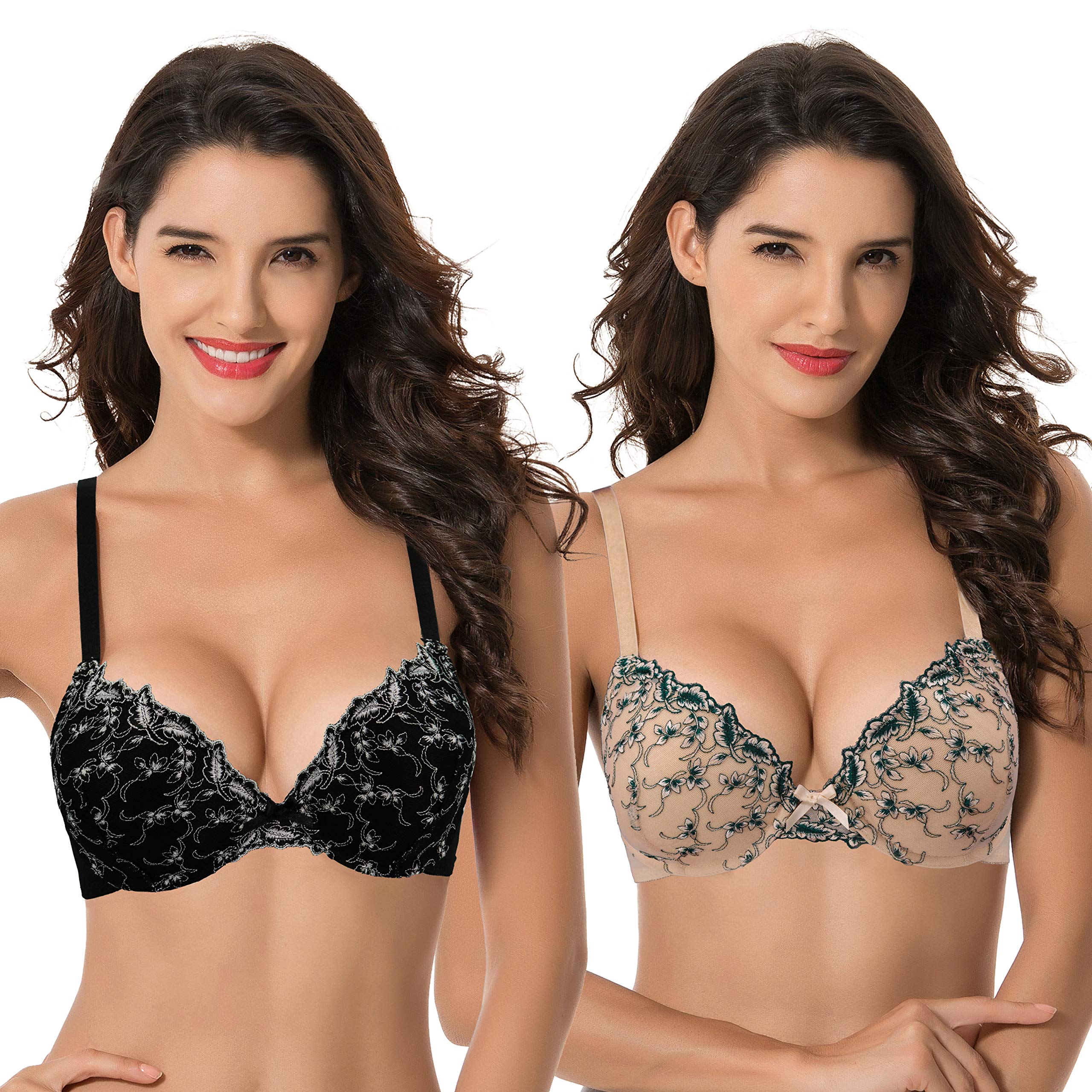Curve Muse Women's Plus Size Push Up Bra - 1 Cup Enhancement Underwire Lace Embroidery Bras for Everyday Wear & Special Occasions