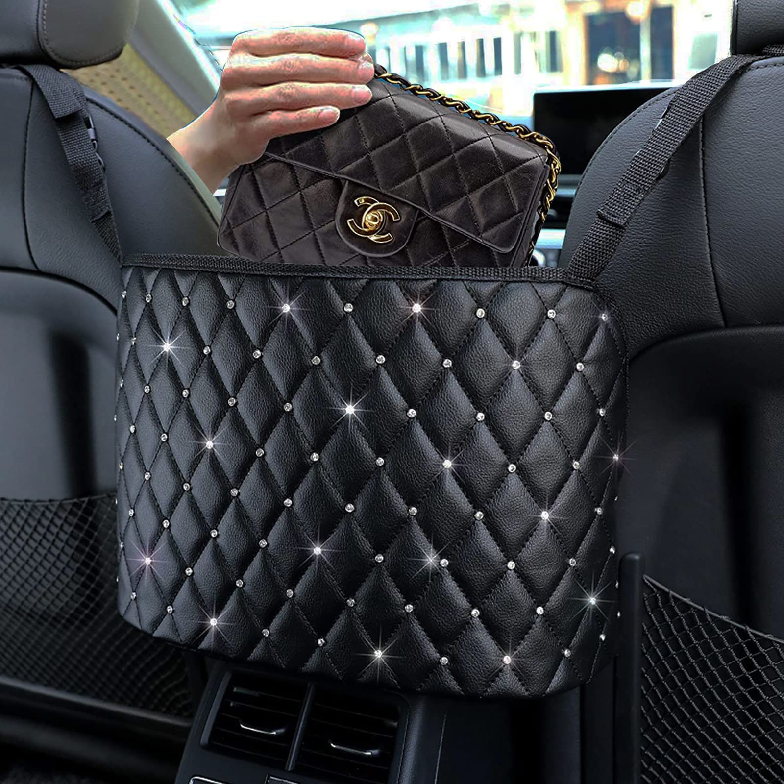 Black Artificial Leather Car Handbag Holder & Backseat Barrier for Women - Car Net Pocket Organizer Between Seats, Dog & Pet Barrier, Kids Safety Protector - Perfect for Road Trips, Daily Commute & Family Travel Accessories